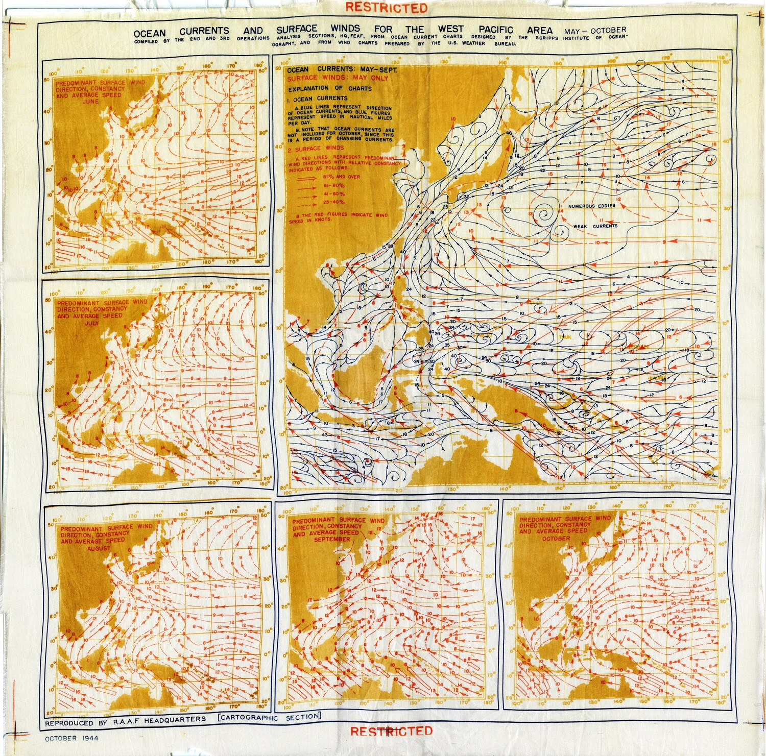 RAAF Pilot's Cloth Chart: Ocean Currents and Surface Winds for the West Pacific Area, May-October 1944