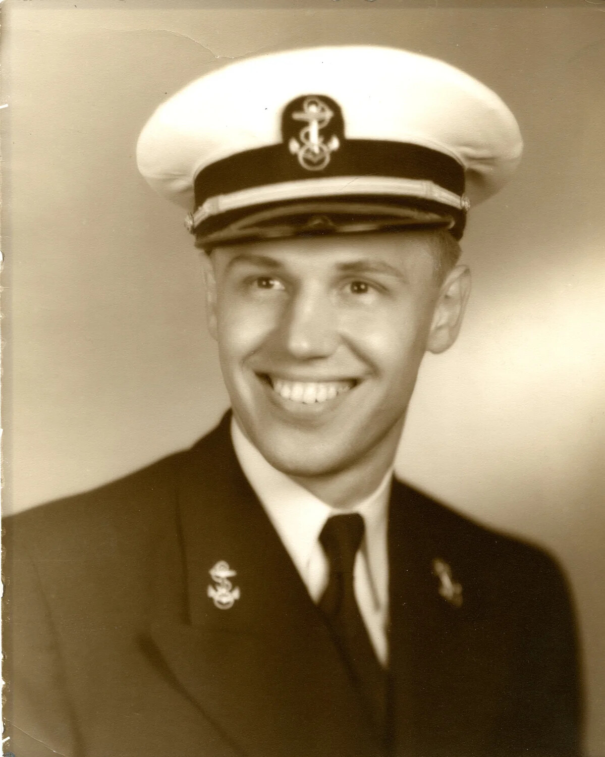 Studio Portrait of U.S. Navy Officer in Service Dress Blue Uniform, Korean War Era