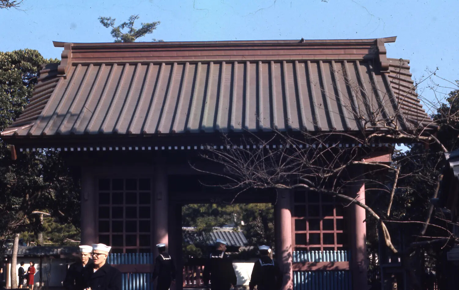 U.S. Navy Sailors at a Japanese Shrine Gate, Vietnam War-Era Liberty Photograph