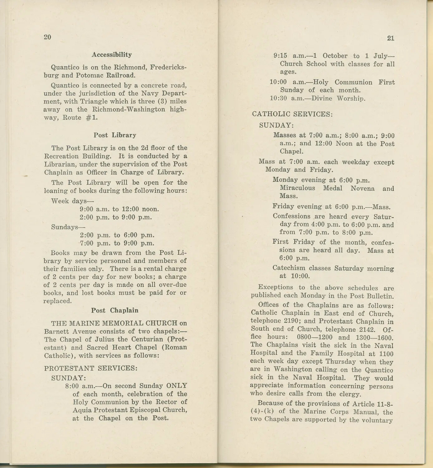 Marine Corps Base Quantico Post Guide Booklet, Pages 20-21 - Accessibility, Post Library, and Post Chaplain Services