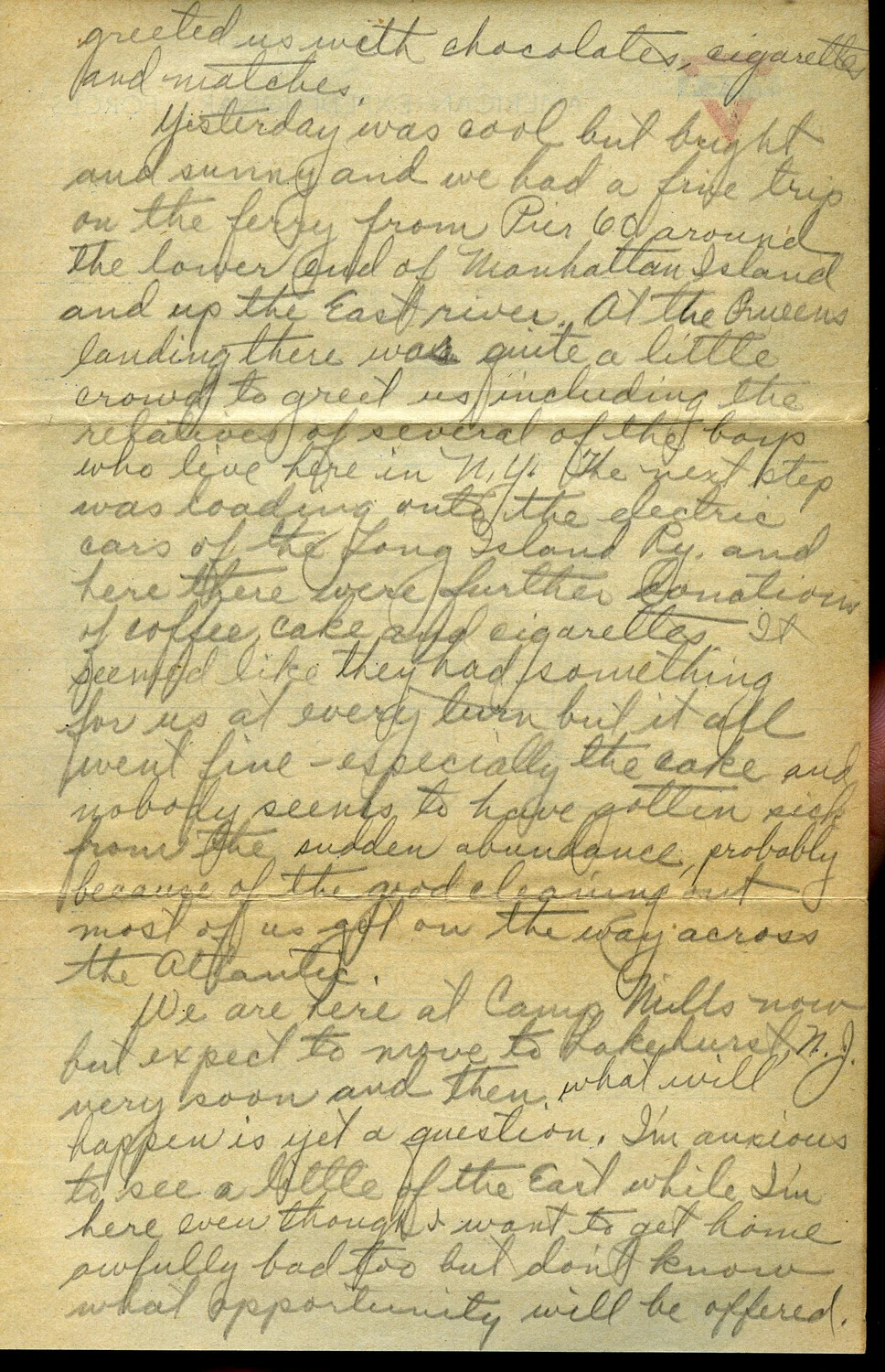 Handwritten WWI Letter, February 4, 1919 - Pvt. Willis W. Wagener Describes Homecoming to New York and Camp Mills
