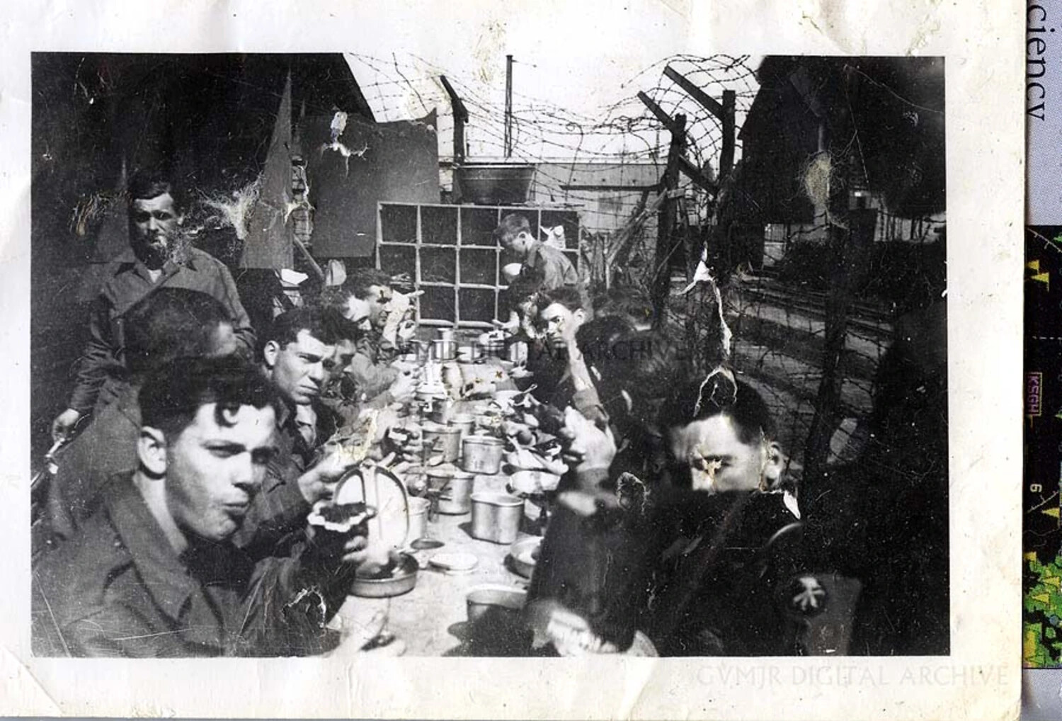 American Soldiers Eating a Field Meal Behind Barbed Wire Enclosure, European Theater, WWII