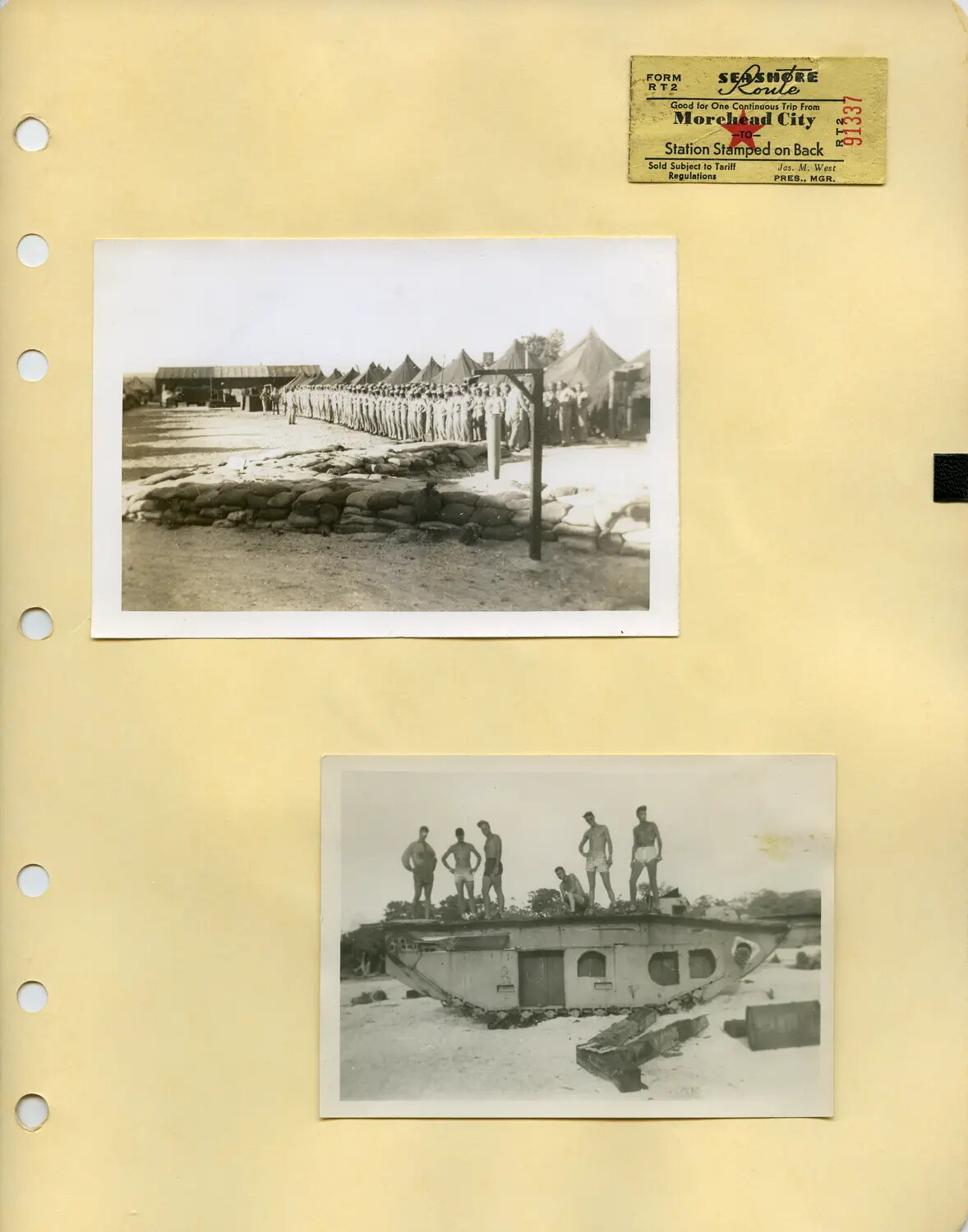 Scrapbook Page: Marine Training Camp Formation, Amphibious Tractor Liberty Photo, and Morehead City Seashore Route Ticket — WWII US Marine Corps Collection (McAleer Album)