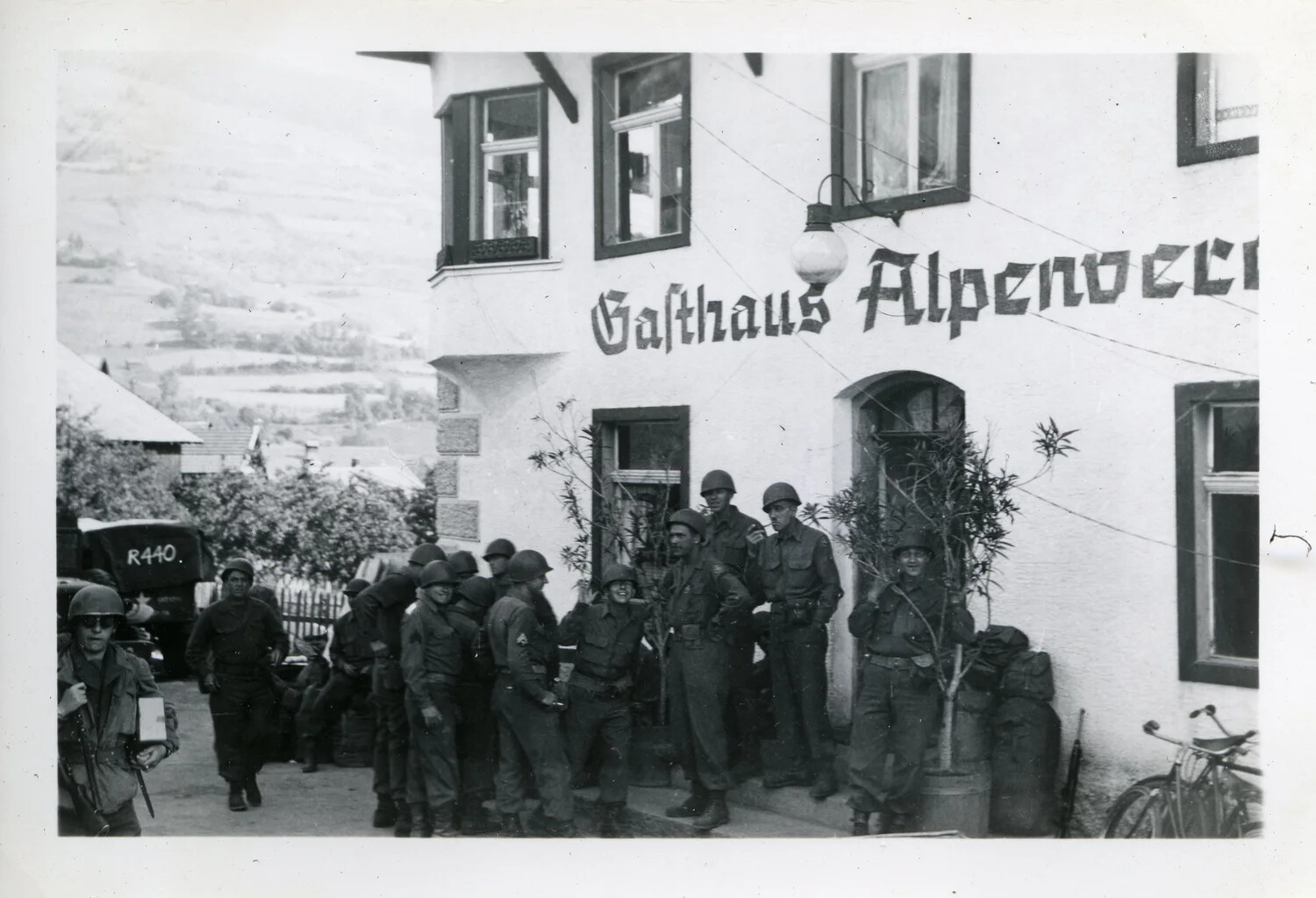 U.S. Soldiers Gathered Outside Gasthaus Alpenvo[gel], Alpine Village, 44th Infantry Division, WWII