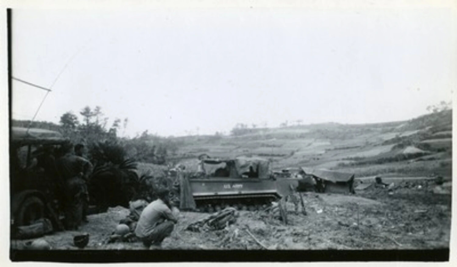 U.S. Army M113 Armored Personnel Carrier on Hillside Position, Vietnam War Era