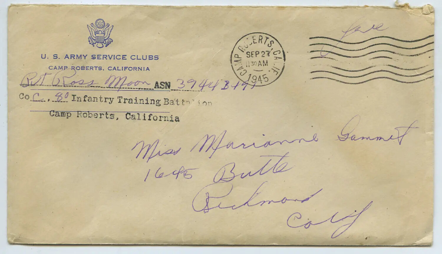 WWII Era Envelope, U.S. Army Service Clubs, Camp Roberts California, Pvt. Ross Moon to Miss Marianne Gammet, September 27, 1945