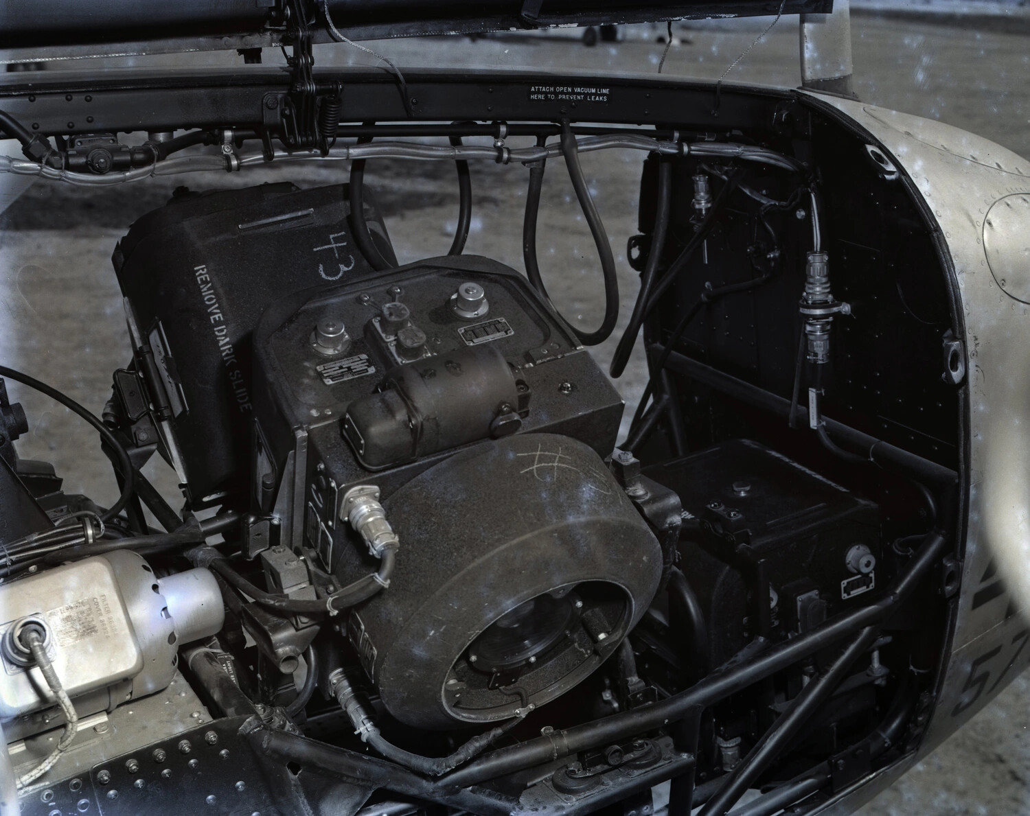 Aerial Reconnaissance Camera Installation in Aircraft Nose Compartment, WWII Technical Photograph