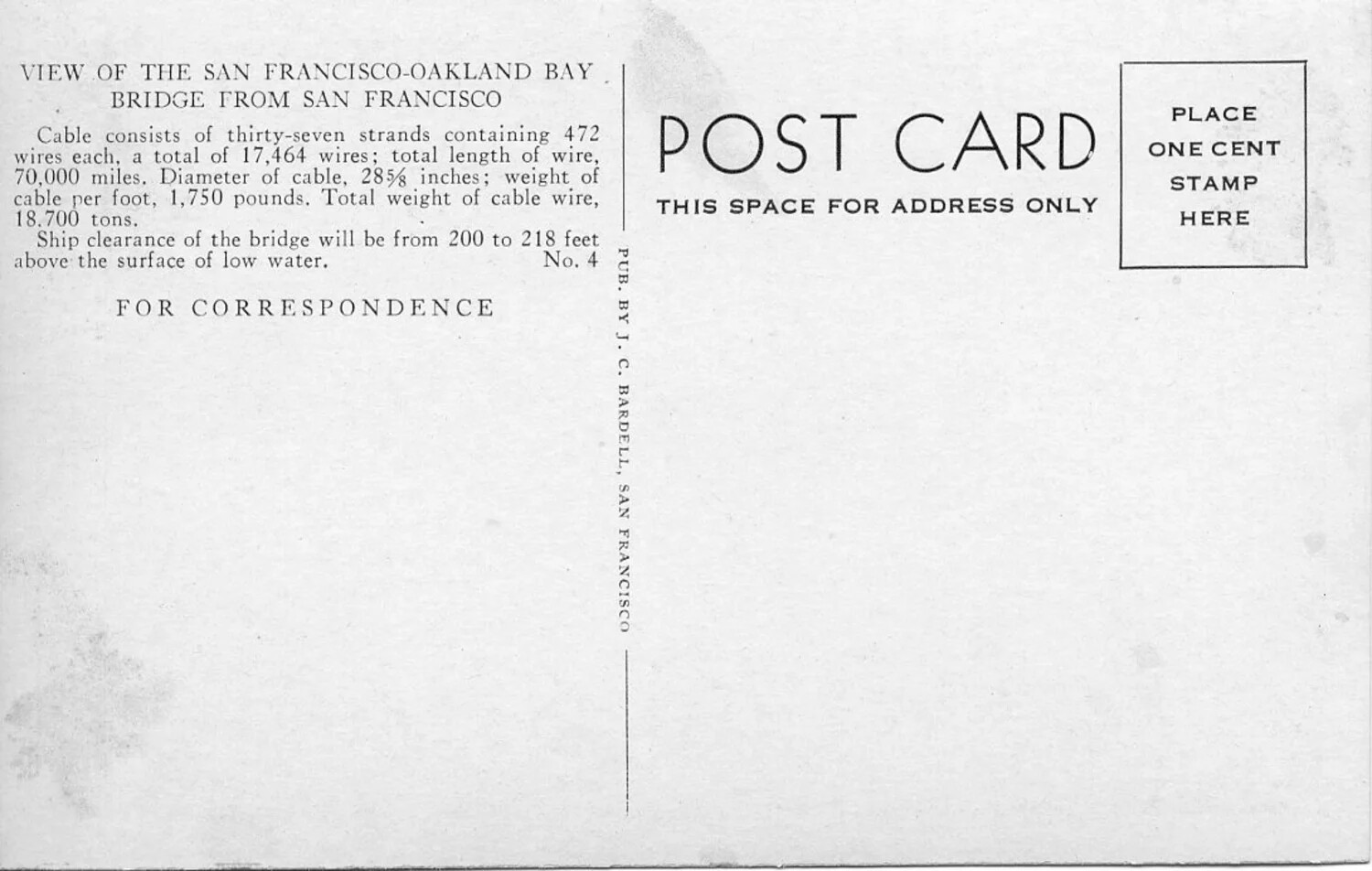 Real Photo Postcard Reverse — San Francisco-Oakland Bay Bridge Description, J.C. Bardell Publisher
