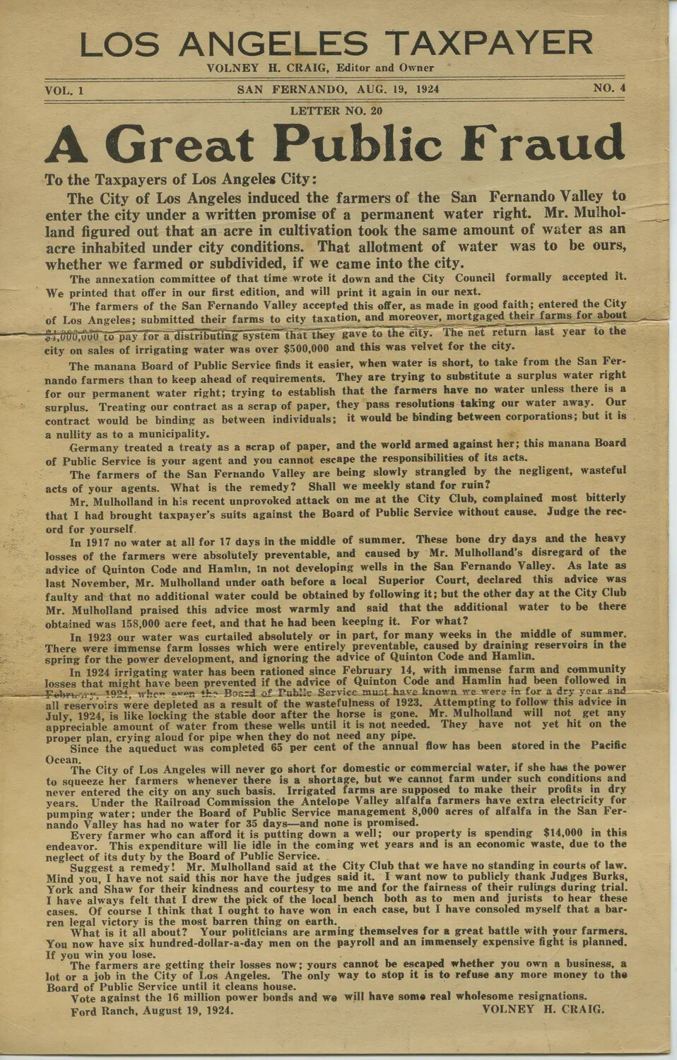 Front Page, "Los Angeles Taxpayer" Newsletter, Vol. 1 No. 4, San Fernando, August 19, 1924 — "A Great Public Fraud" (Letter No. 20 by Volney H. Craig)
