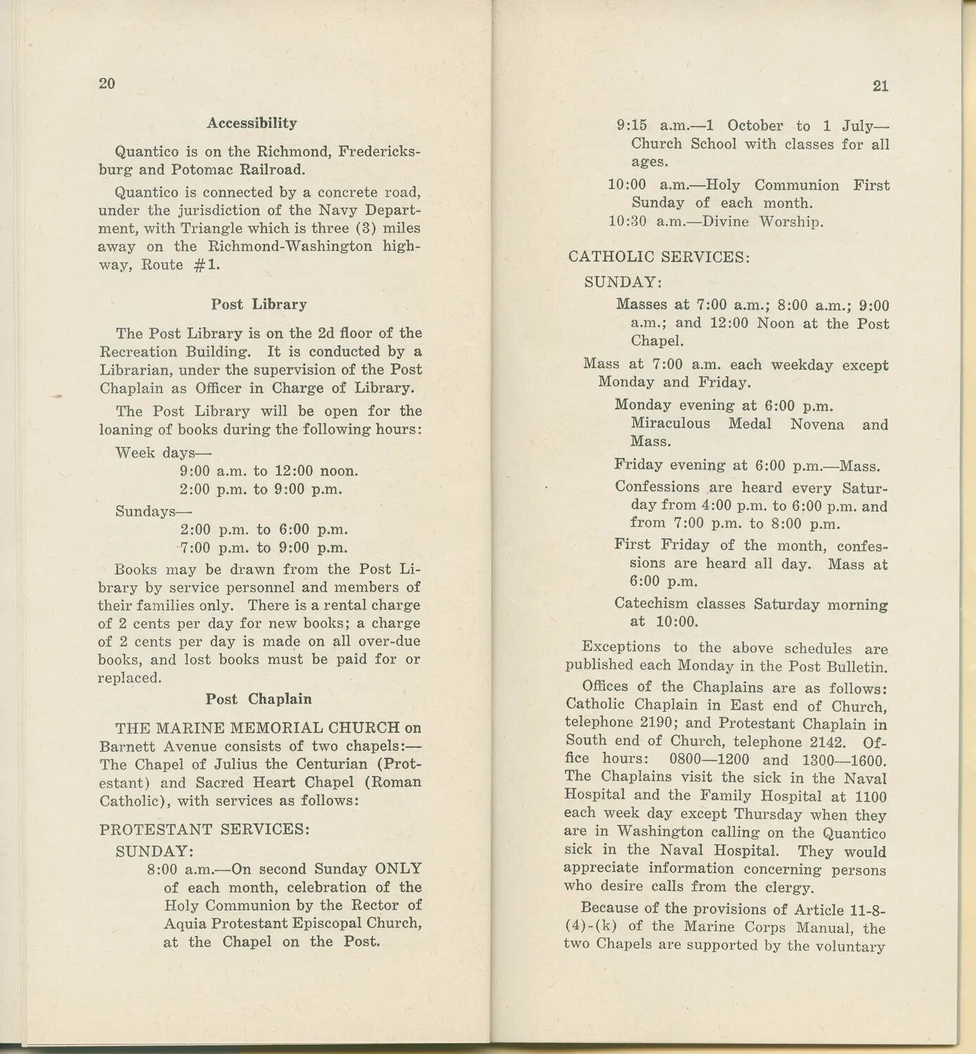 Marine Corps Base Quantico Handbook, Pages 20-21 (Accessibility, Post Library, Chaplain Services)