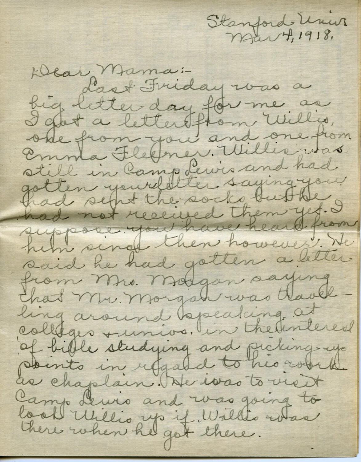 Letter from Winnie Wagener to Her Mother, Stanford University, March 4, 1918