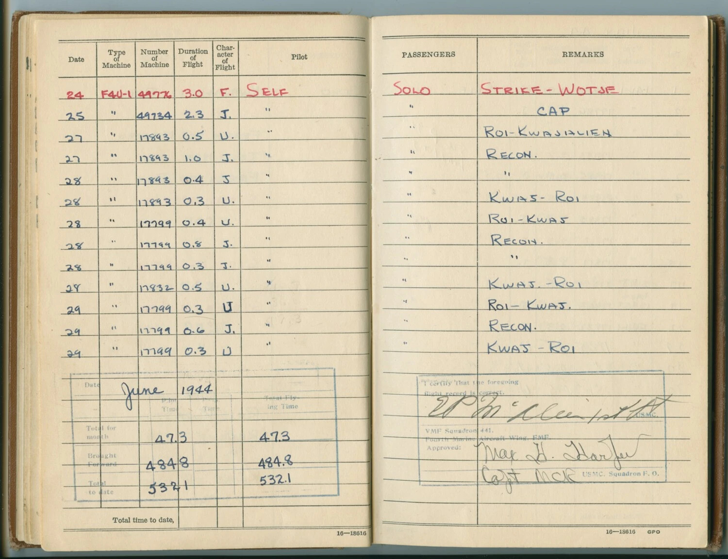 Pilot Flight Logbook of Pat McAleer, VMF-441, F4U-1 Corsair Missions, June 1944 (Marshall Islands)