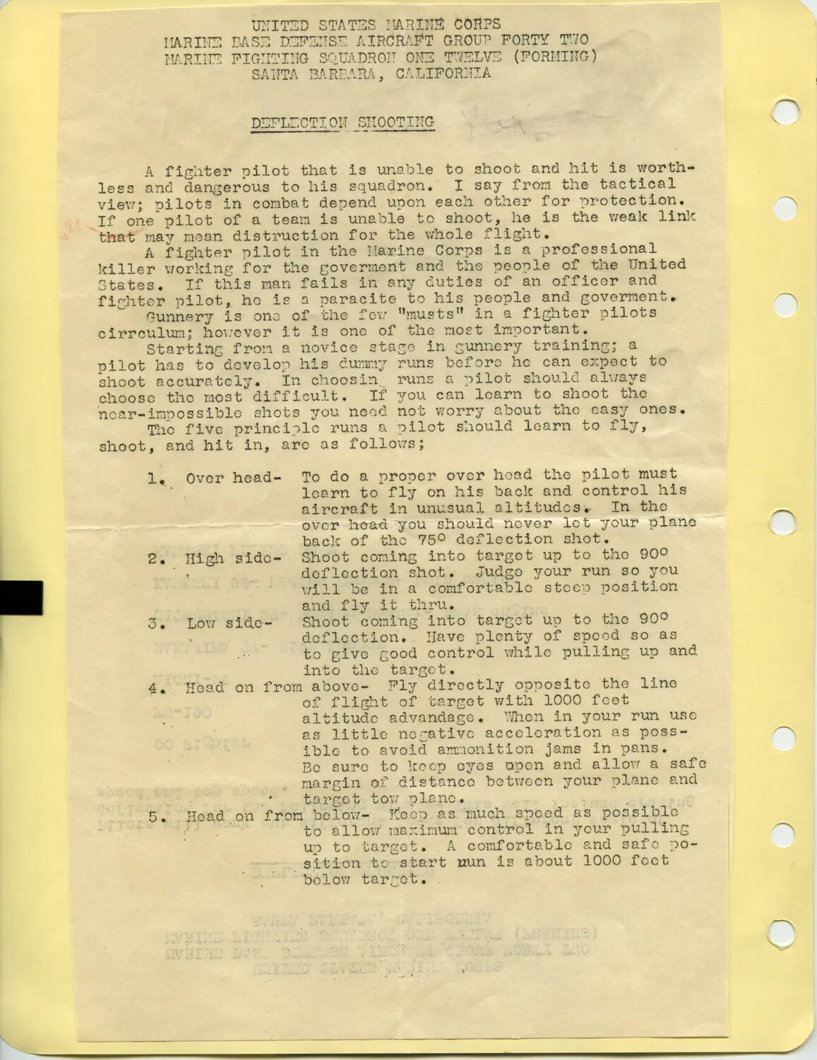 "Deflection Shooting" Training Document, Marine Fighting Squadron 112, Santa Barbara CA