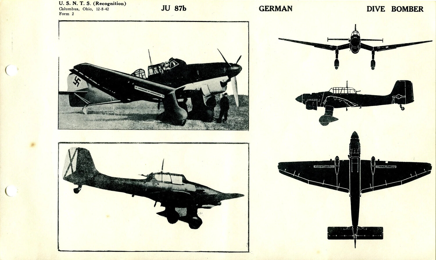 USNTS Aircraft Recognition Training Card: Junkers Ju 87b (Stuka), German Dive Bomber (Form 2, 12-8-42)