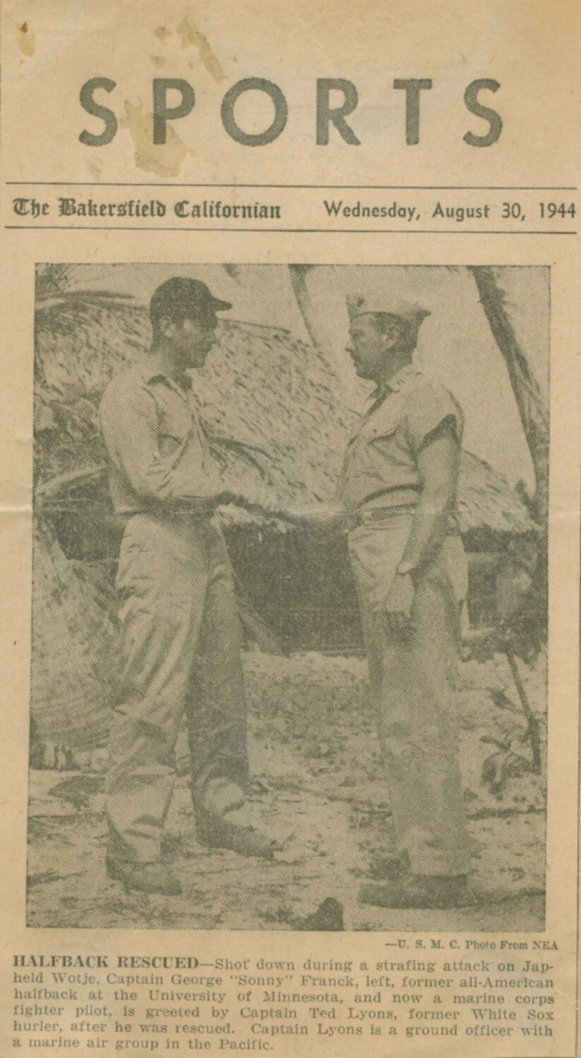 'Halfback Rescued' -- Bakersfield Californian Sports Clipping on Capt. George 'Sonny' Franck, August 30, 1944 (Pat McAleer Collection)