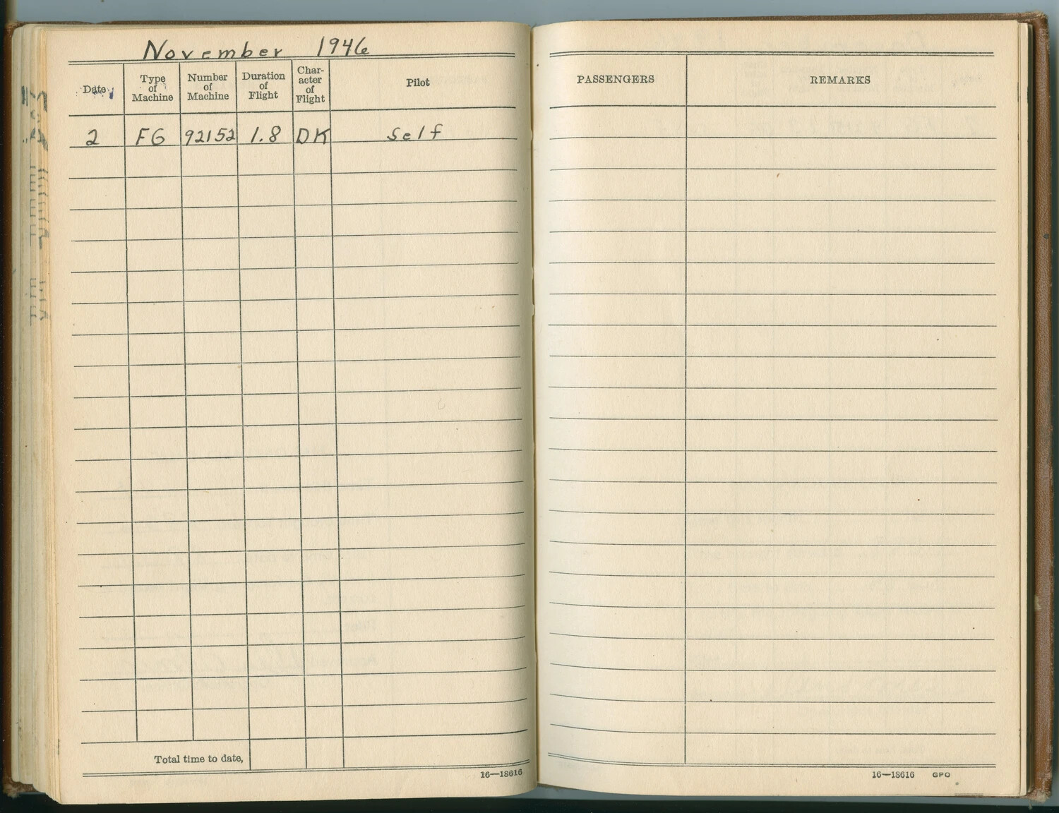 Pilot's Flight Log Book Page — November 1946, FG-1 Corsair Entry (McAleer Log Book, Jan 1942-Sept 1948)
