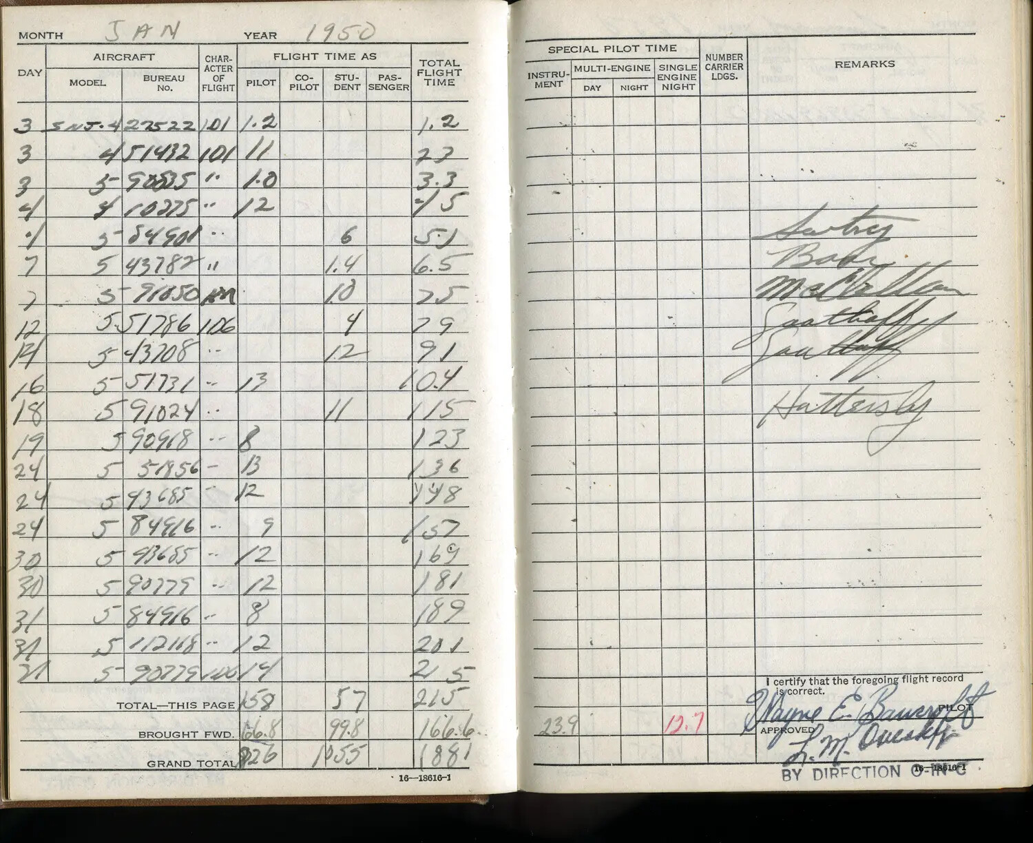 U.S. Navy Aviator's Flight Logbook, January 1950 — SNJ Trainer Flight Log and Special Pilot Time Record
