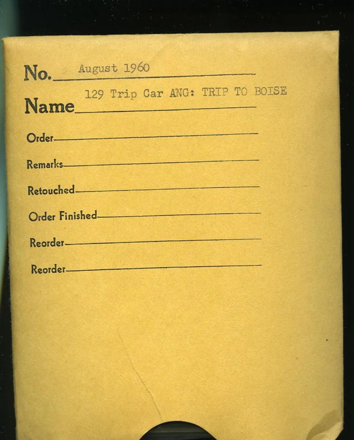 Photo Lab Negative Envelope - '129 Trip Car ANG: Trip to Boise,' August 1960