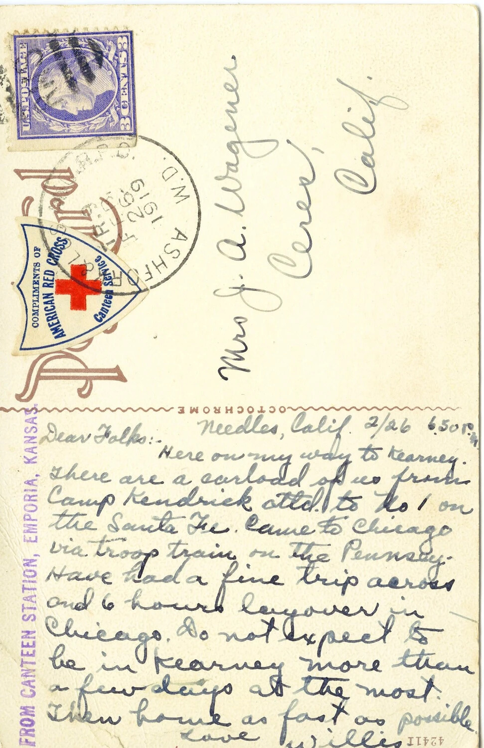 WWI Red Cross Canteen Postcard from Pvt. Willis W. Wagener, February 1919
