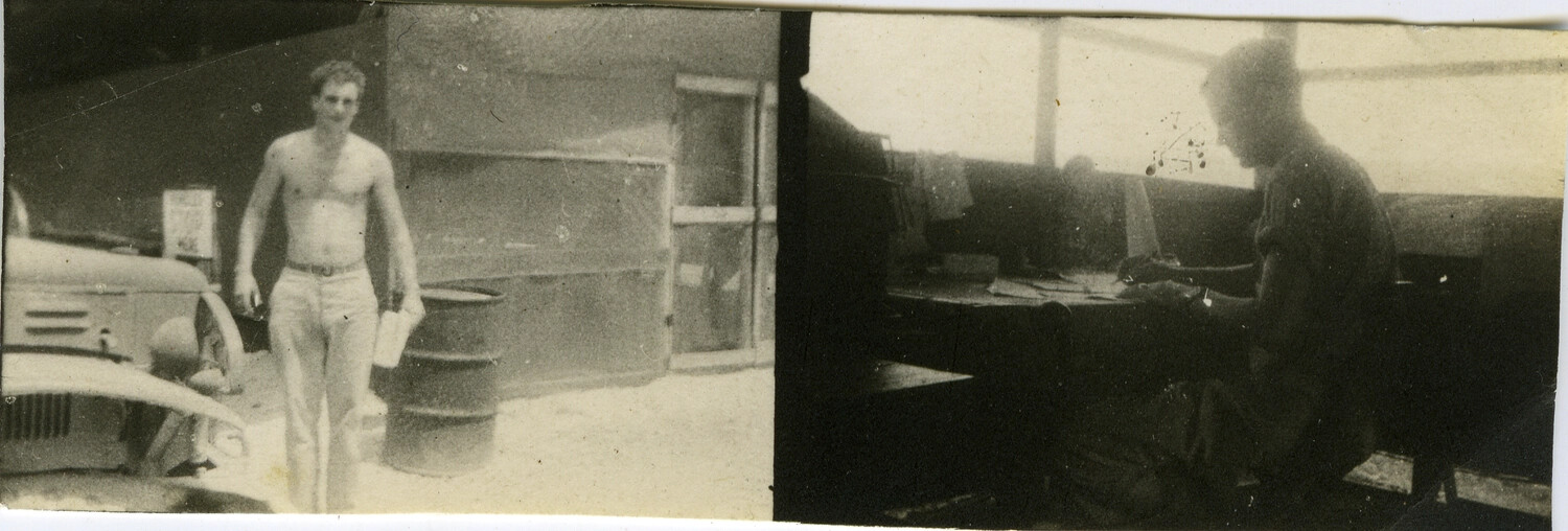 Camp Life Diptych: Serviceman at Bivouac and Man at Field Desk, Pacific Theater, WWII