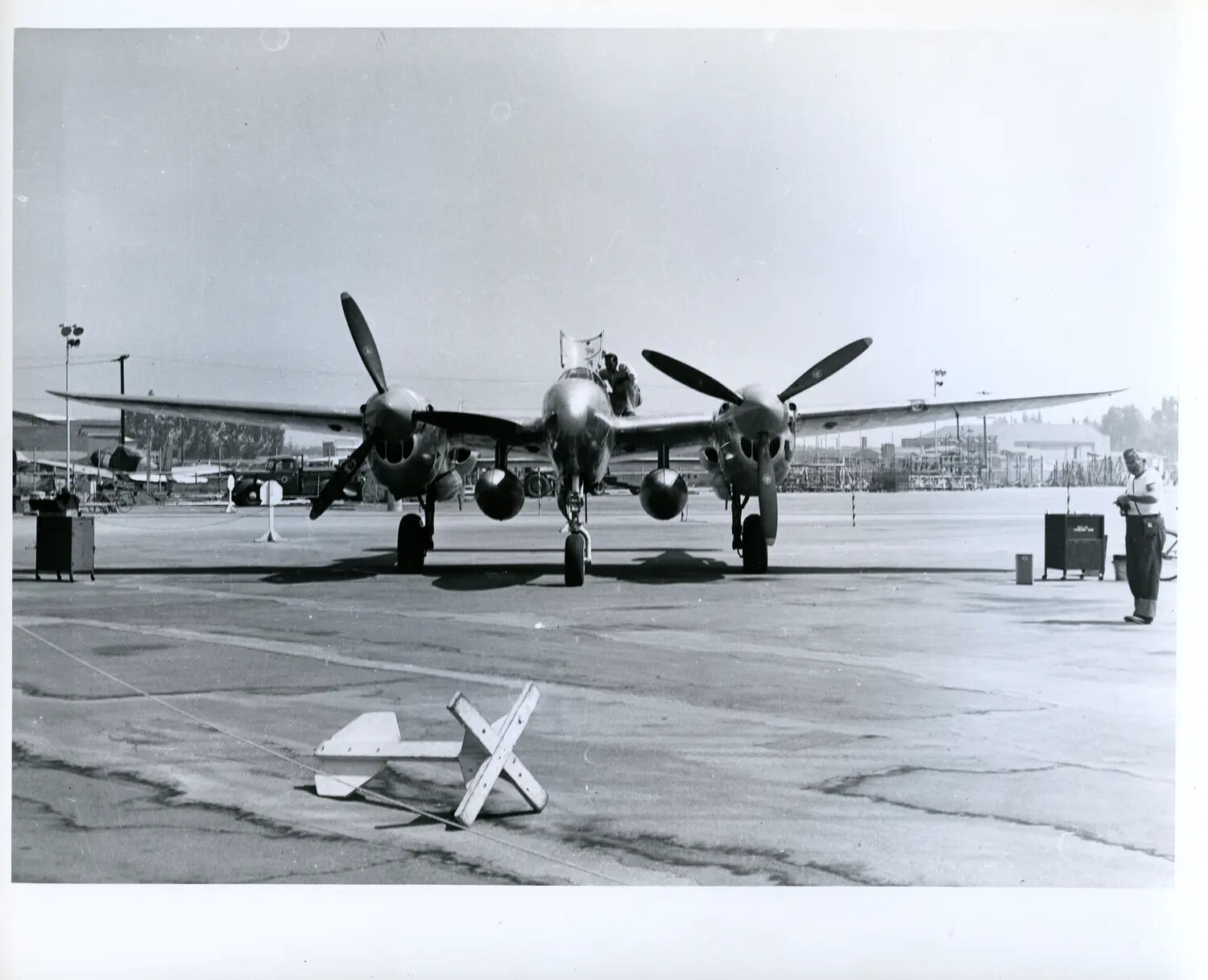 Lockheed P-38 Lightning Twin-Boom Fighter, Head-On Ground View with Ground Crew