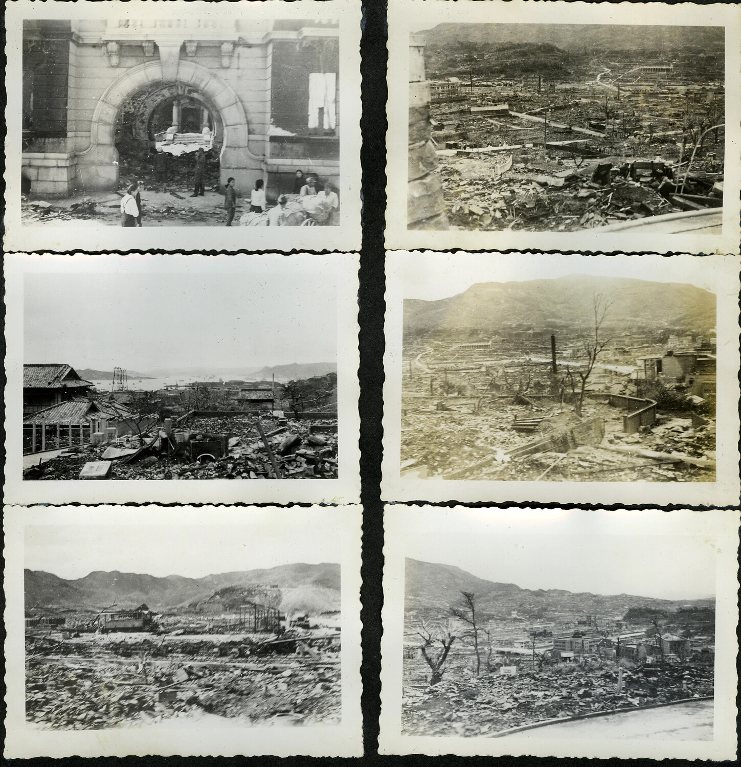 Album Page: Six Snapshot Views of Atomic-Bombed Urban Ruins, Likely Nagasaki, Japan, 1945-46