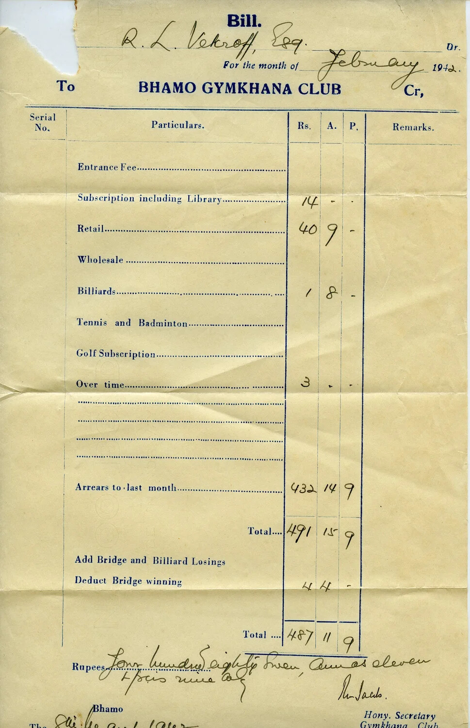 Bhamo Gymkhana Club Monthly Bill – R. L. Vekroff, February 1942 (Pre-Invasion Burma)