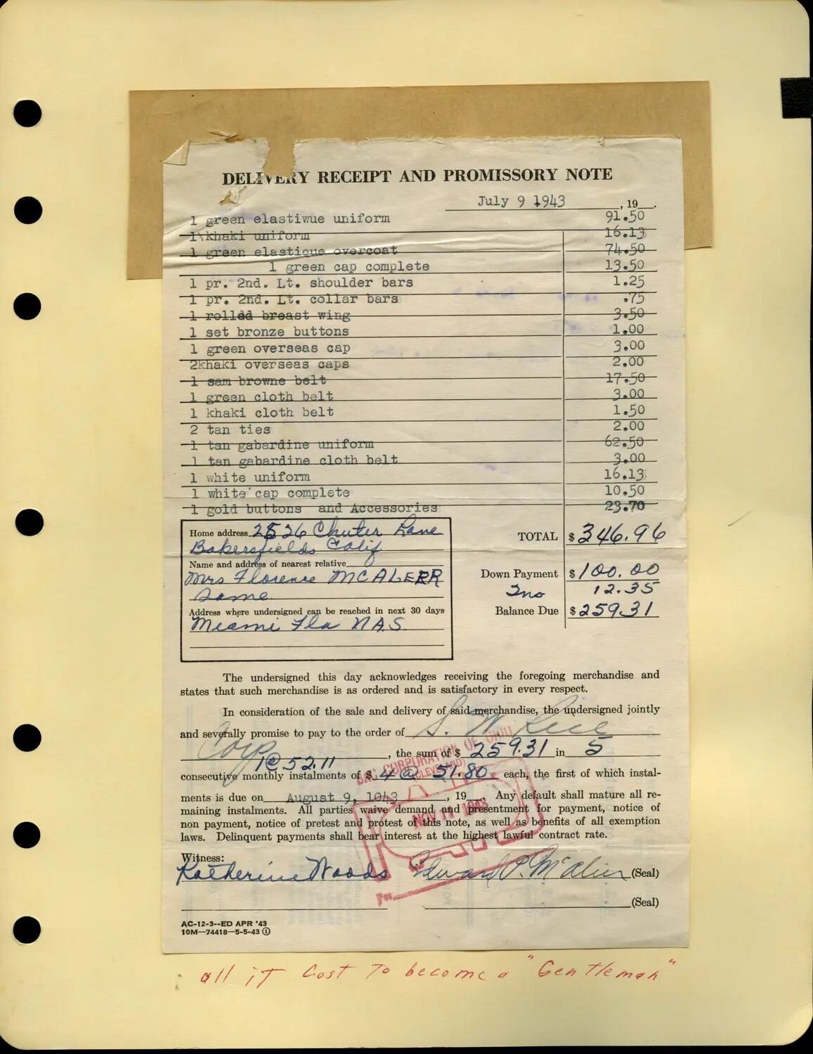Delivery Receipt and Promissory Note for Officer's Uniforms, Edward P. McAleer, July 9 1943
