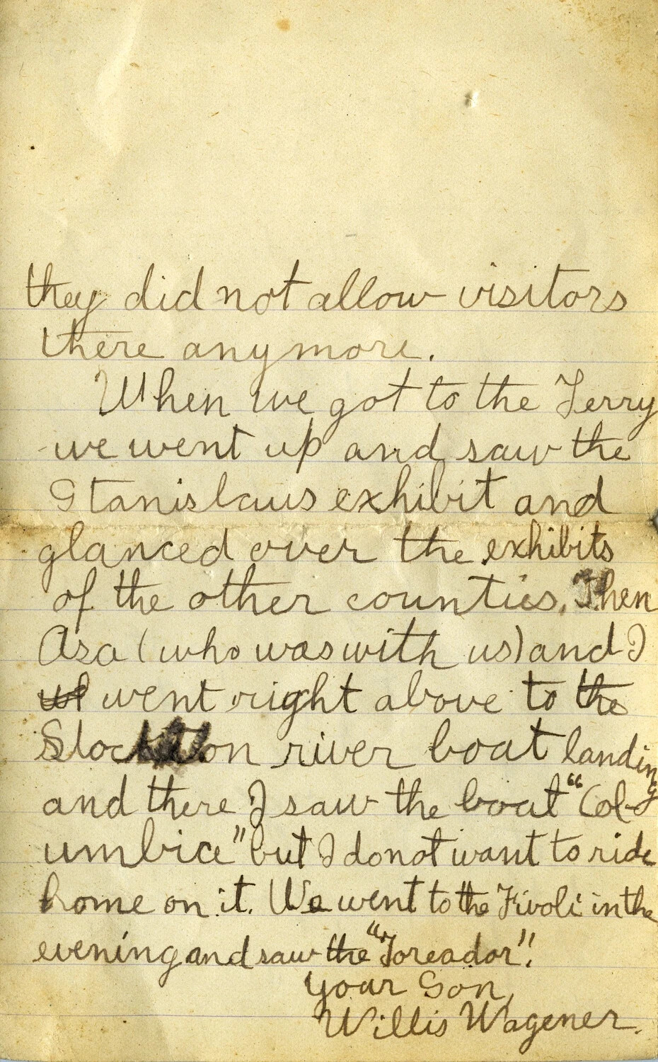 Handwritten Letter from Willis Wagener to His Mother, Describing a San Francisco Area Outing (dated 1904)