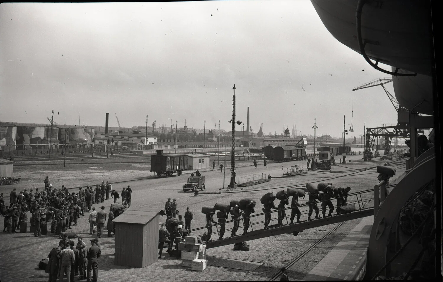Panoramic View of Troop Embarkation at the Port of Bremerhaven, Germany, WWII Era