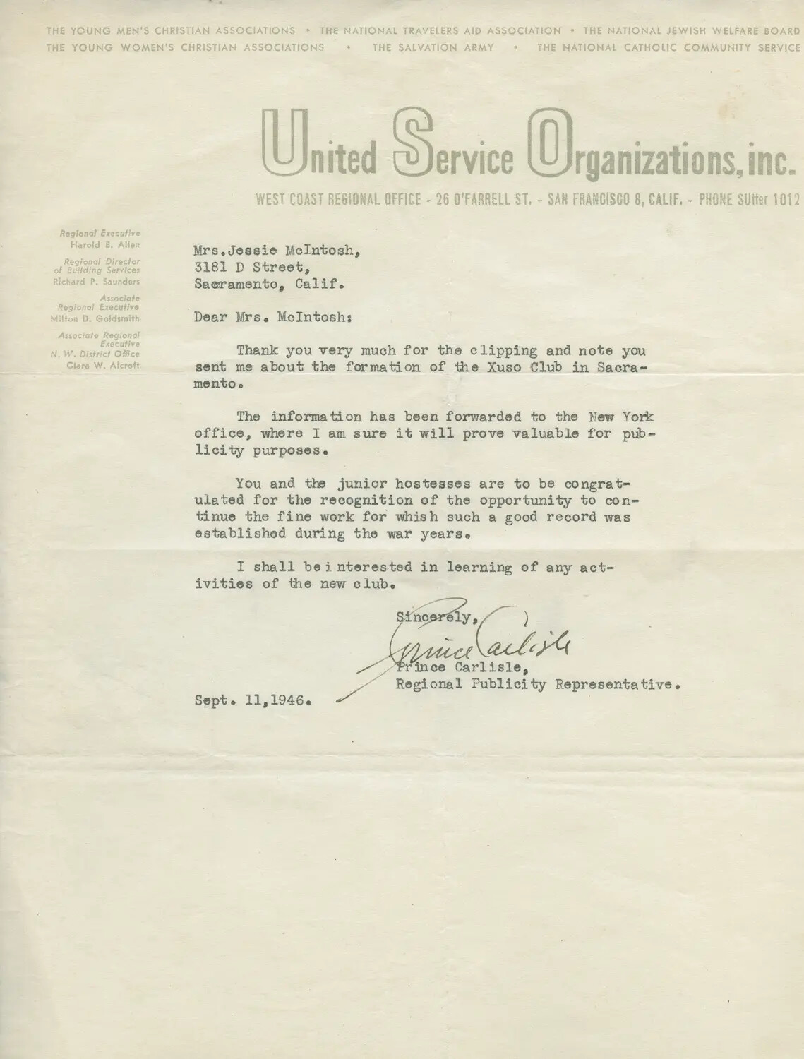 USO Letter from Prince Carlisle to Mrs. Jessie McIntosh Regarding the Xuso Club, September 11, 1946