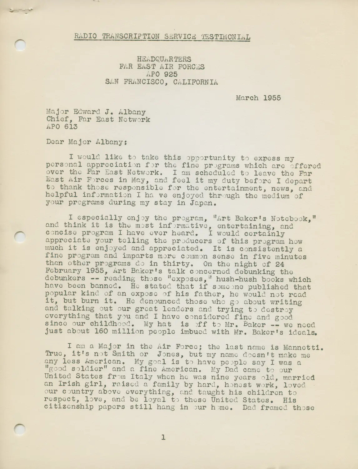Radio Transcription Service Testimonial Letter, Headquarters Far East Air Forces, March 1955 (Page 1)