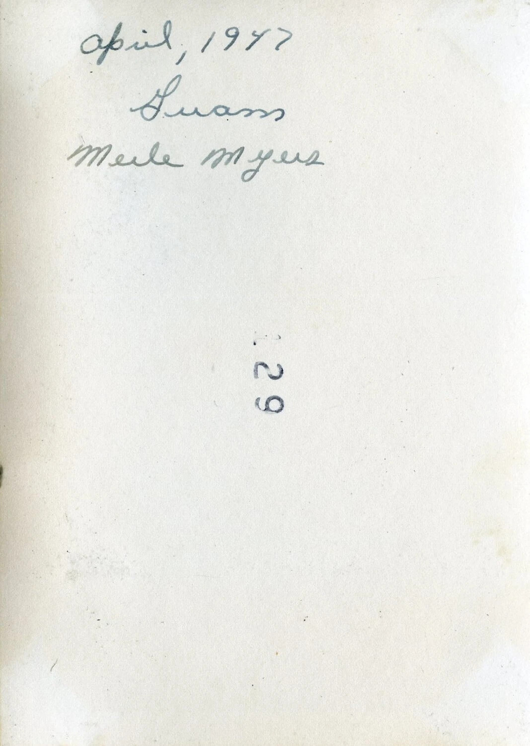 Verso of Photographic Print Inscribed "April, 1947 / Guam / Merle Myers" – VR-6 Agana Album