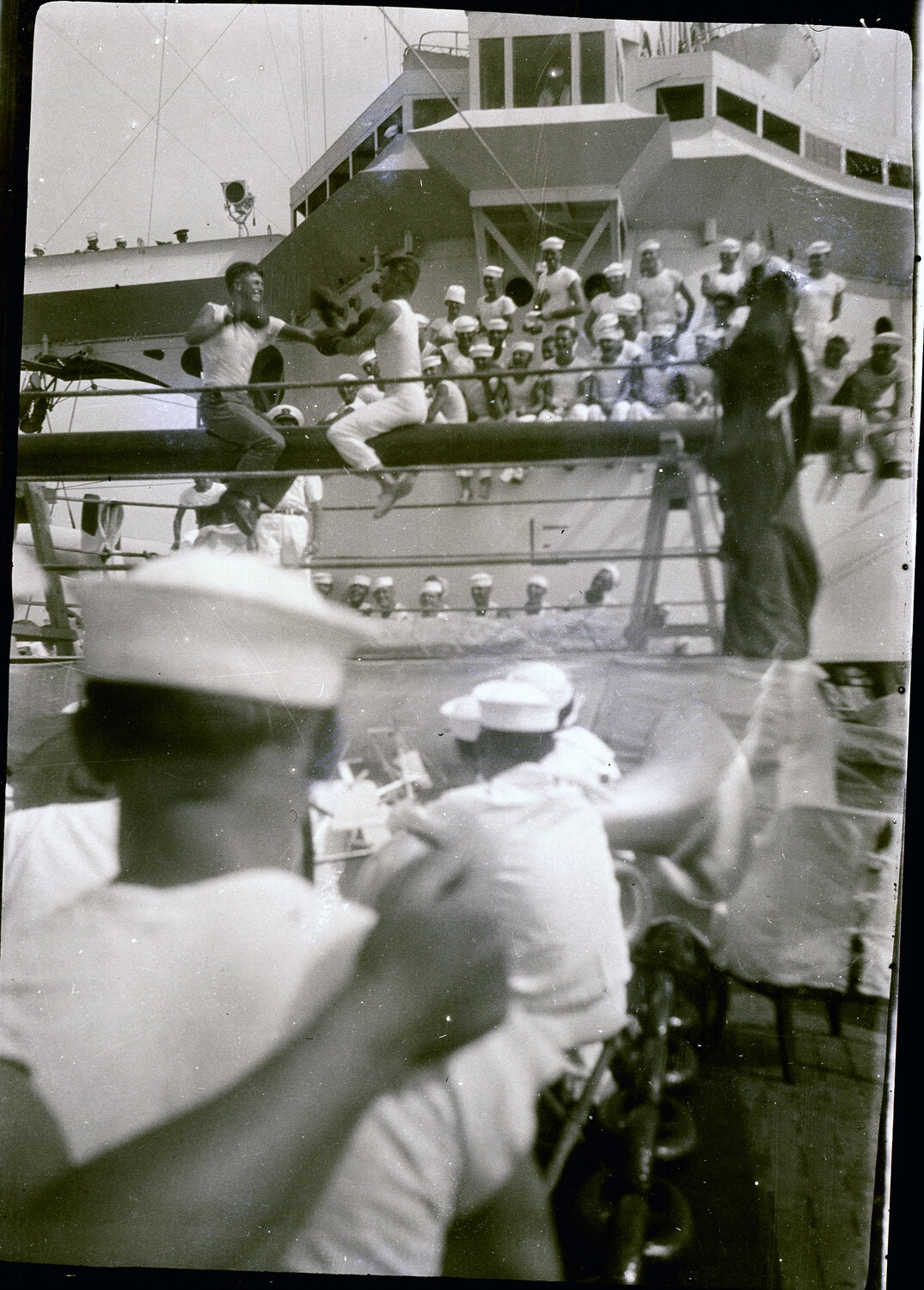 U.S. Navy Sailors Watching a Shipboard Boxing Match, China Station, 1930s