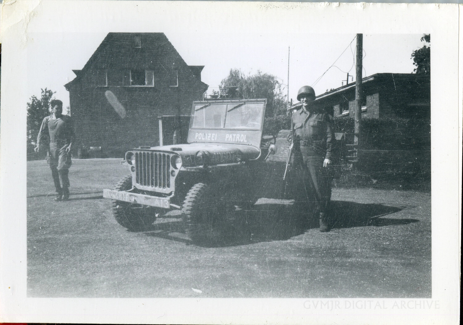 US Army 'Polizei Patrol' Jeep and Armed Sentry, Occupied Germany, 1945