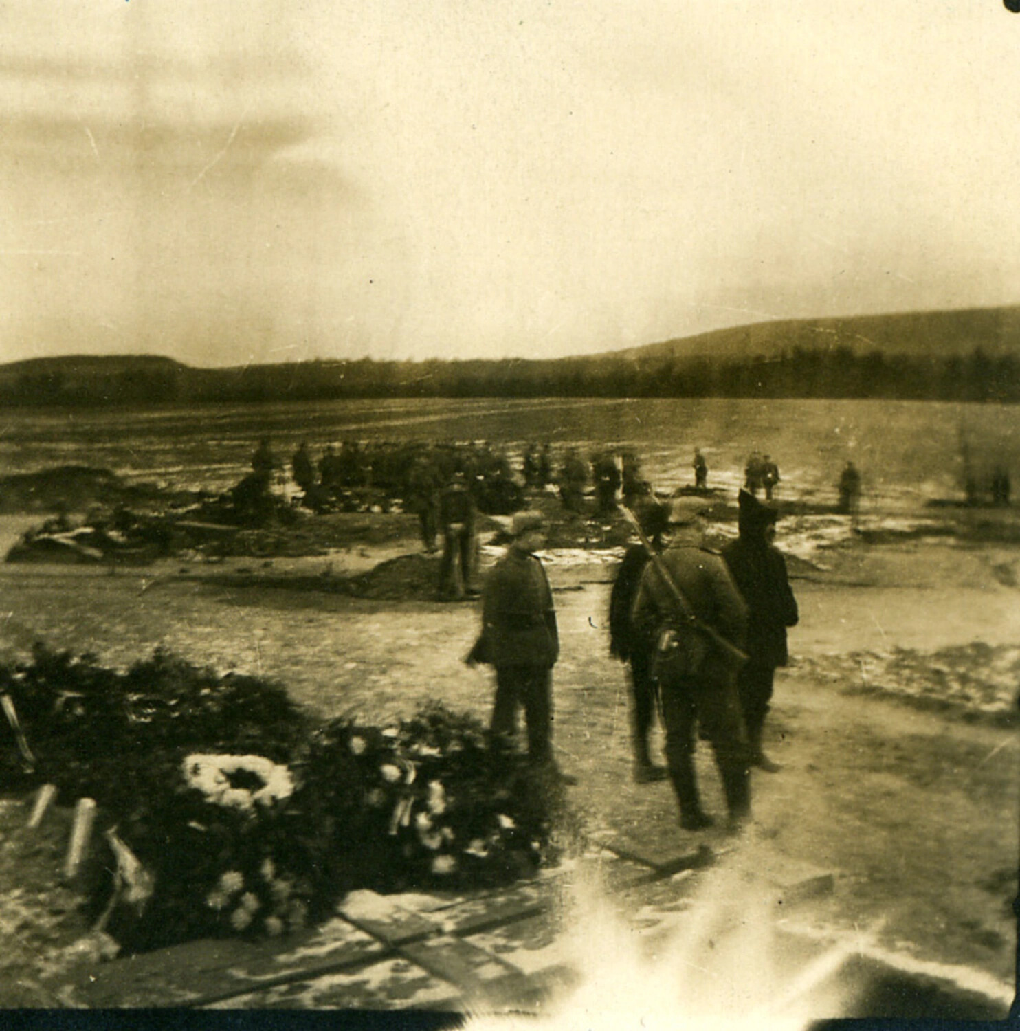 German Soldiers at a Military Cemetery with Funeral Wreaths, World War I
