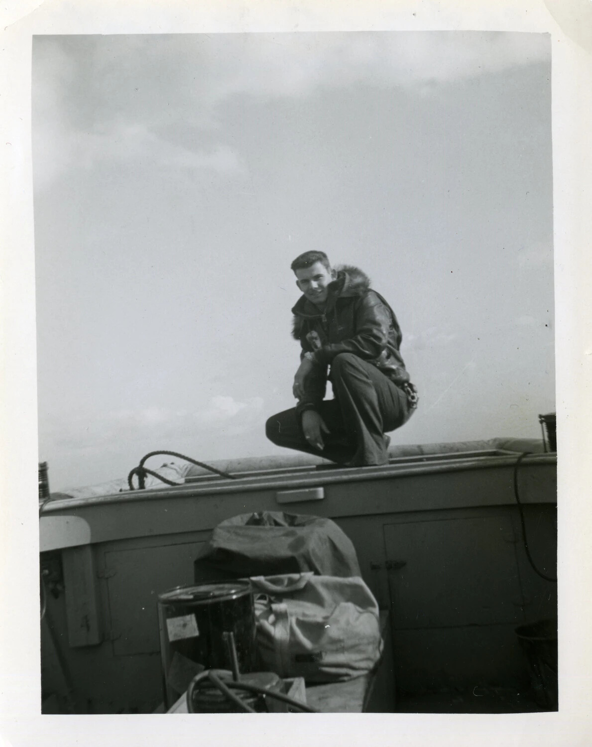 Sailor in Cold-Weather Deck Jacket Aboard Small Naval Vessel, Korean War Era