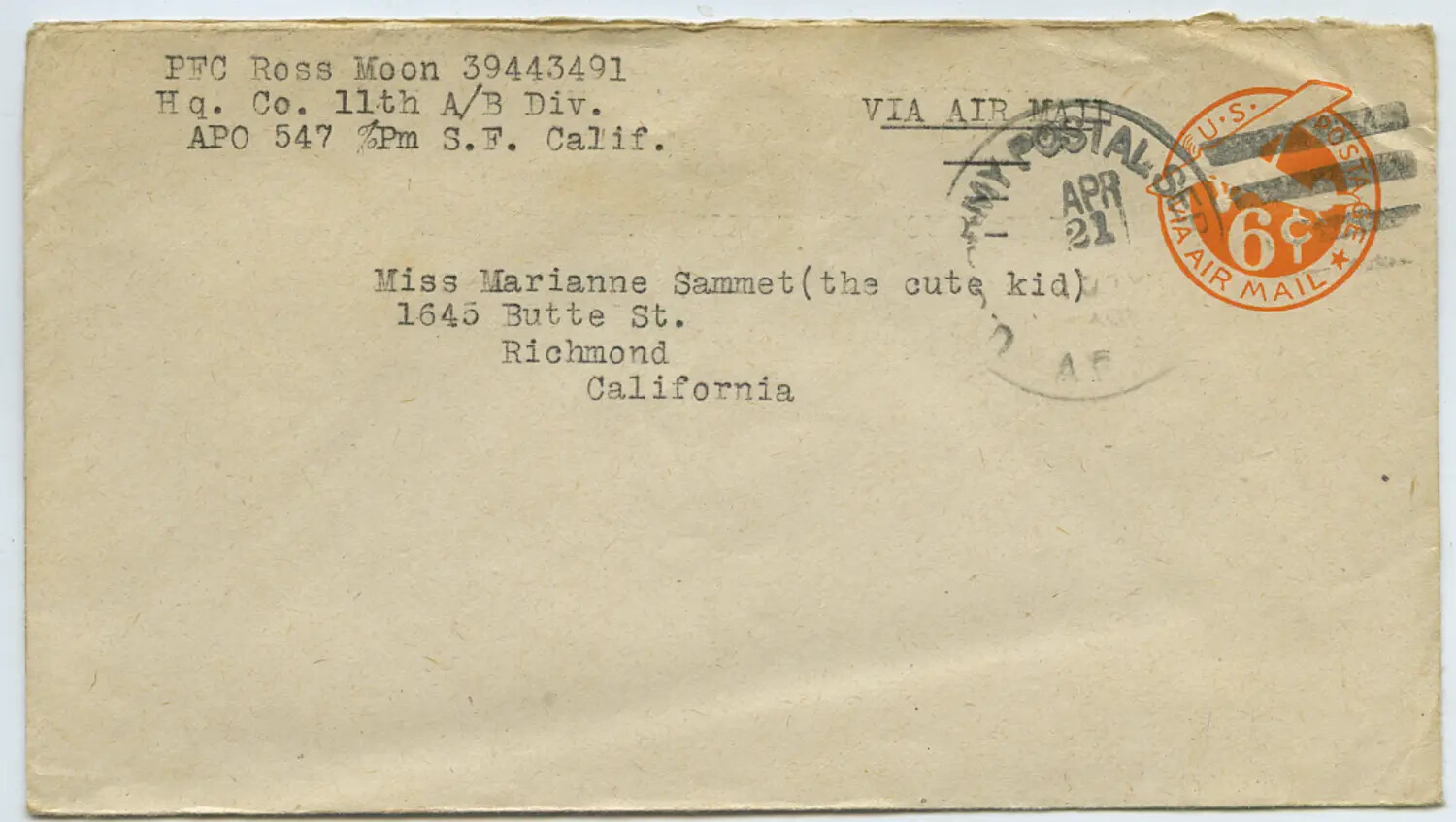 WWII V-Mail/Air Mail Envelope, PFC Ross Moon, 11th Airborne Division, to Marianne Sammet