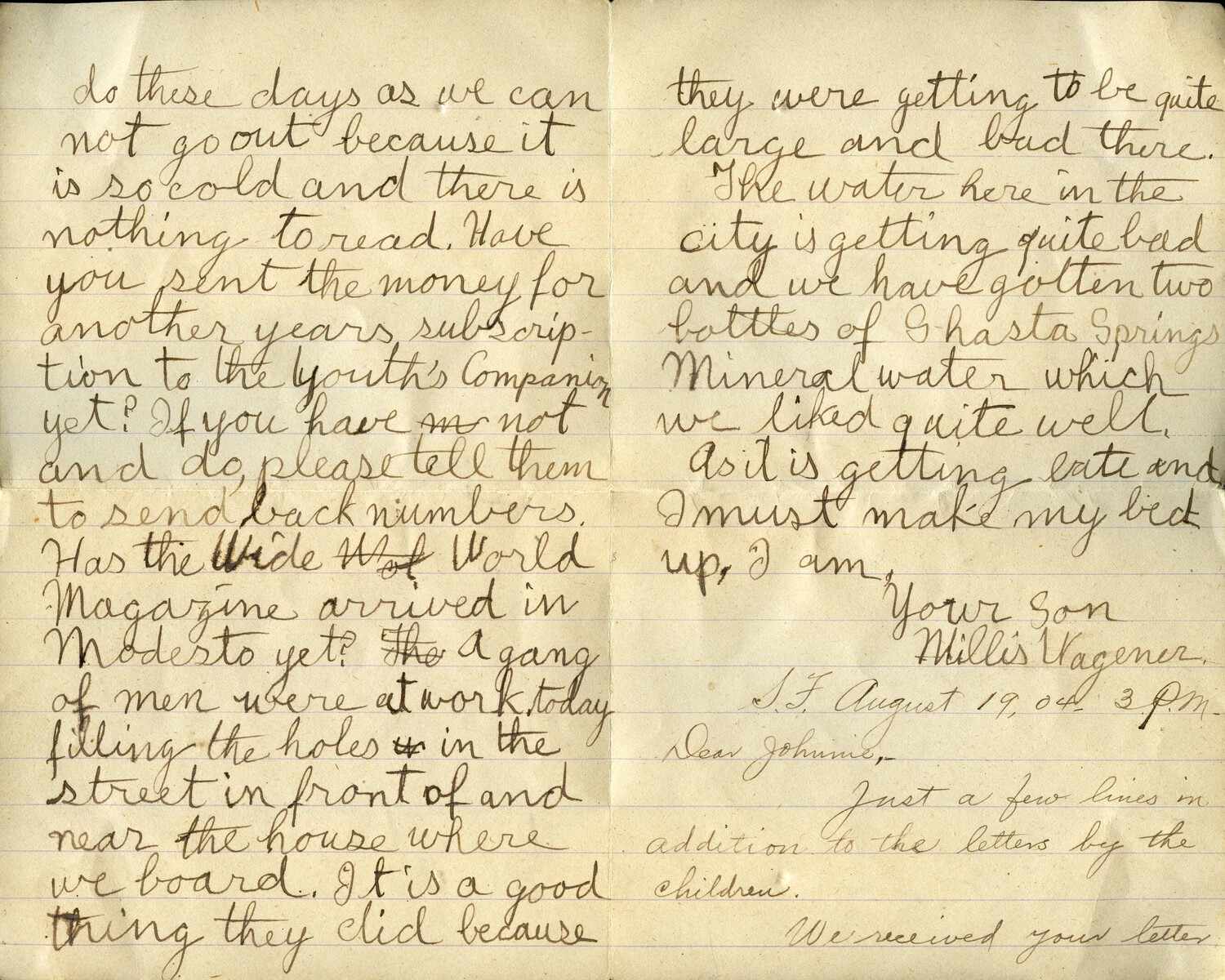 Wagener Family Letter, August 18-19, 1904 – Willis Wagener to Father, with Addendum by Mary Wagener