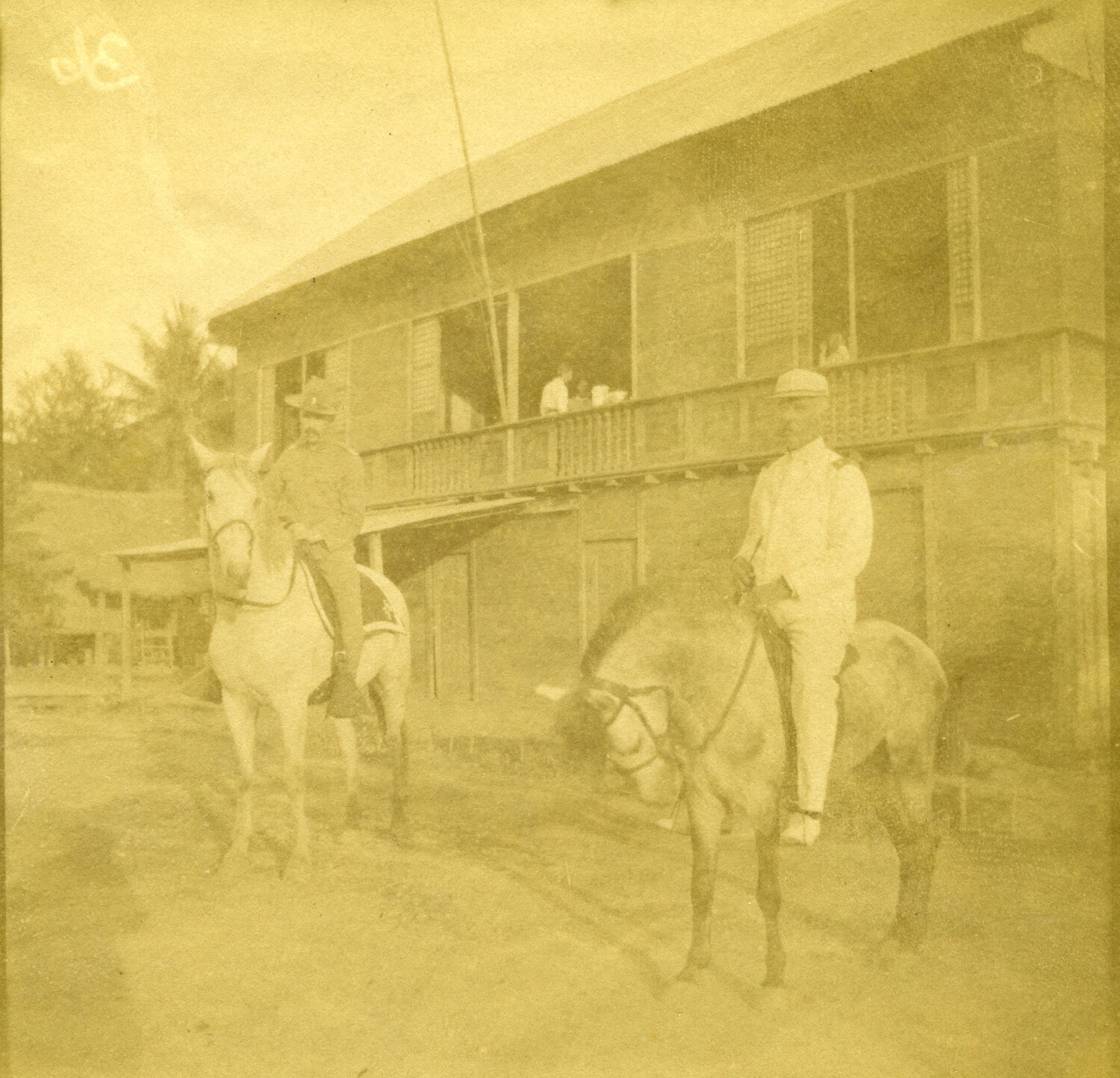 American Officers on Horseback Before Quartermaster Depot Building, Philippines, Spanish-American War Era (c. 1898-1900)