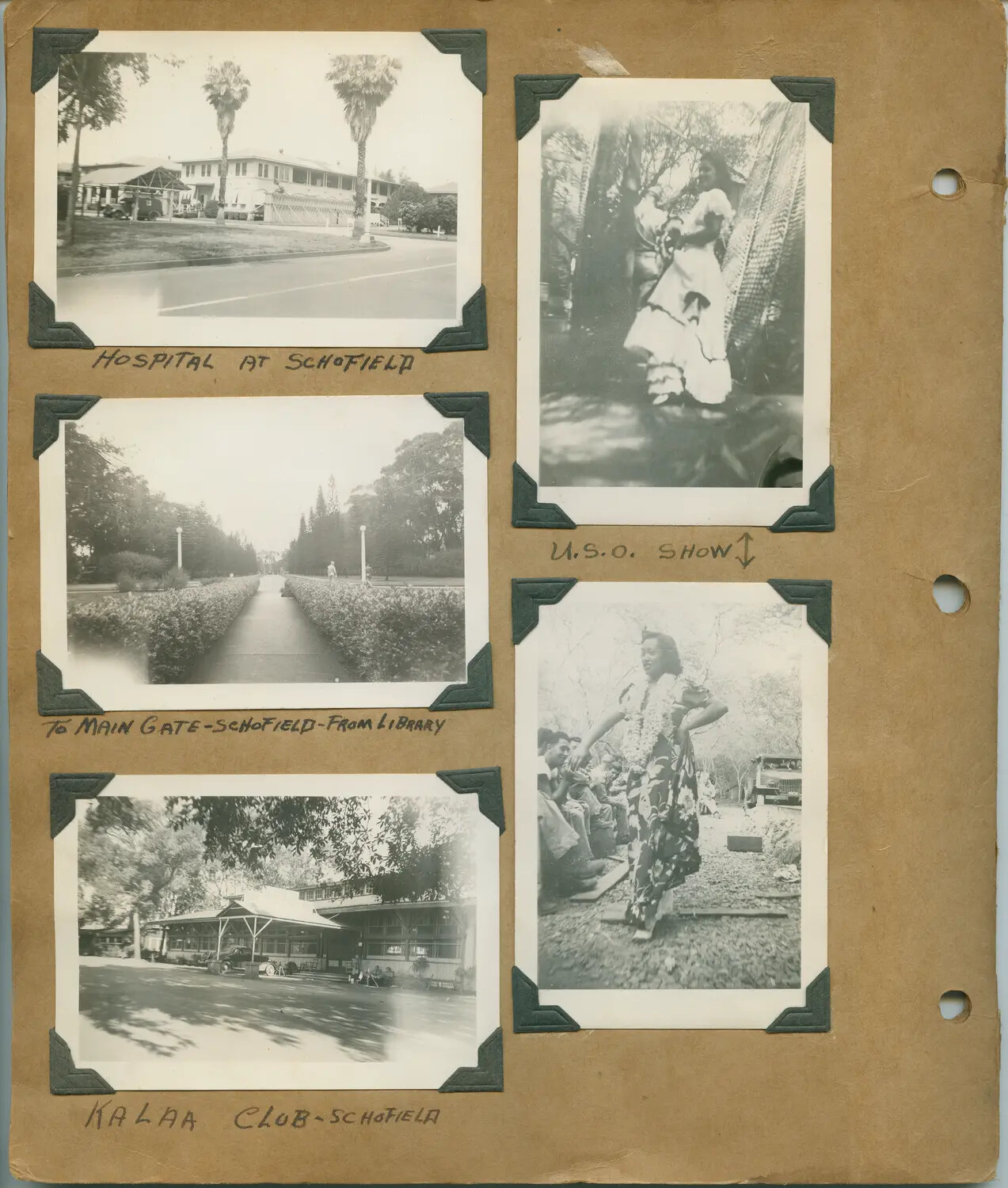 Album Page: Schofield Barracks Facilities and U.S.O. Show, Oahu, Hawaii, WWII Era