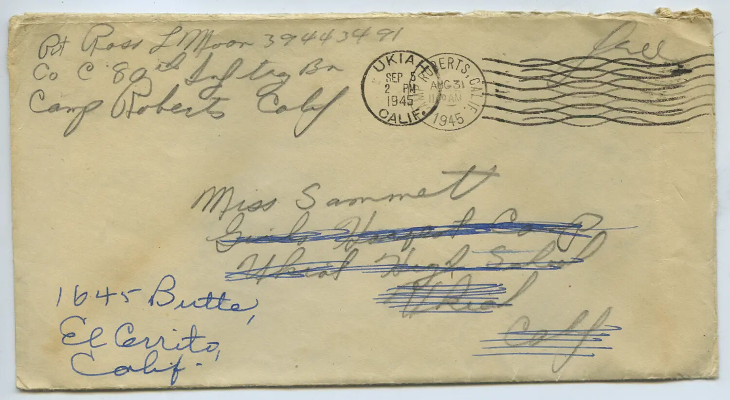 WWII Era Mailed Envelope, Pvt. Ross L. Moon, Camp Roberts, California, to Miss Sammett, El Cerrito, California (1945)