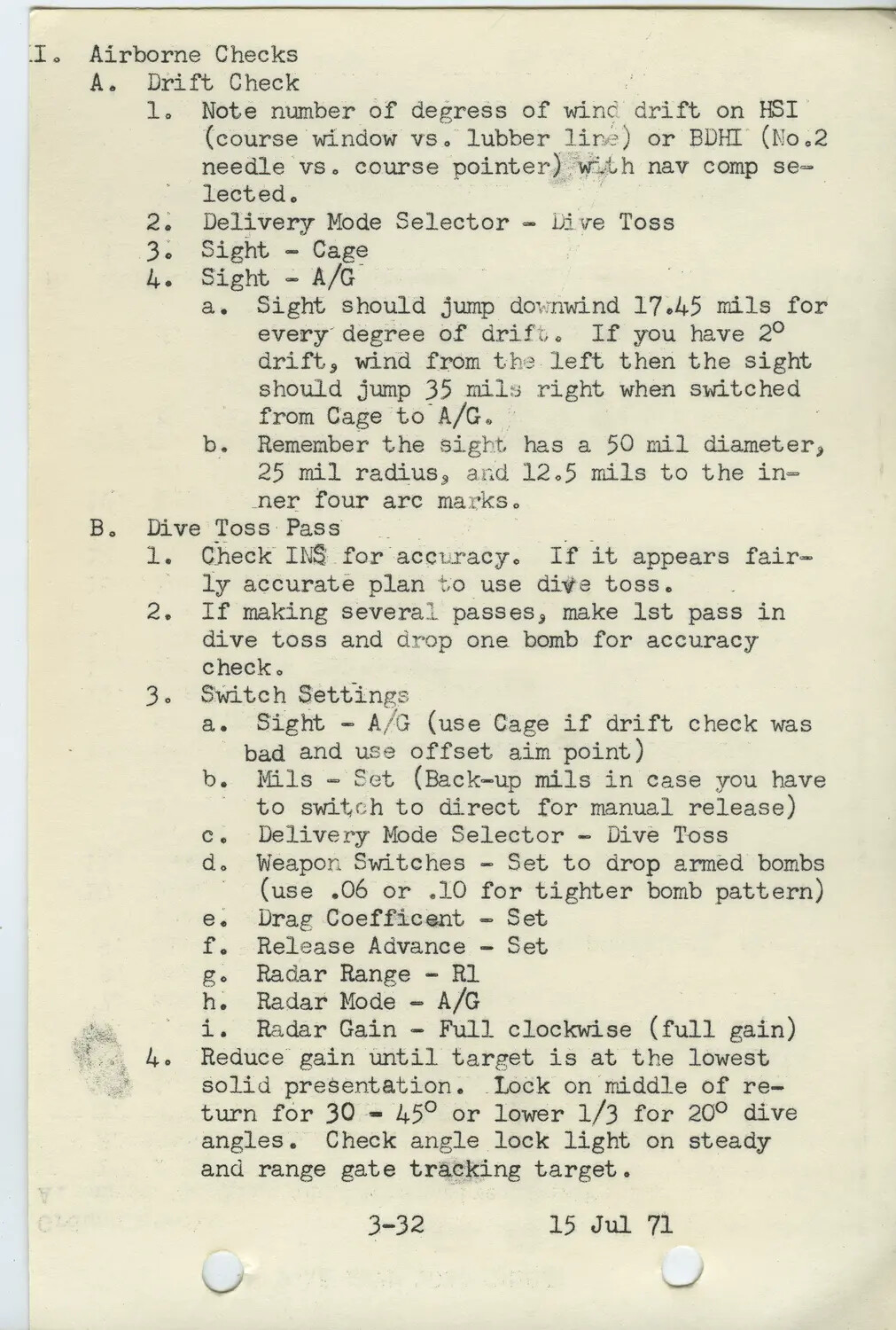 F-4 Phantom II Aircrew Procedures Manual Page: Airborne Checks and Dive Toss Bombing Procedure, 15 July 1971
