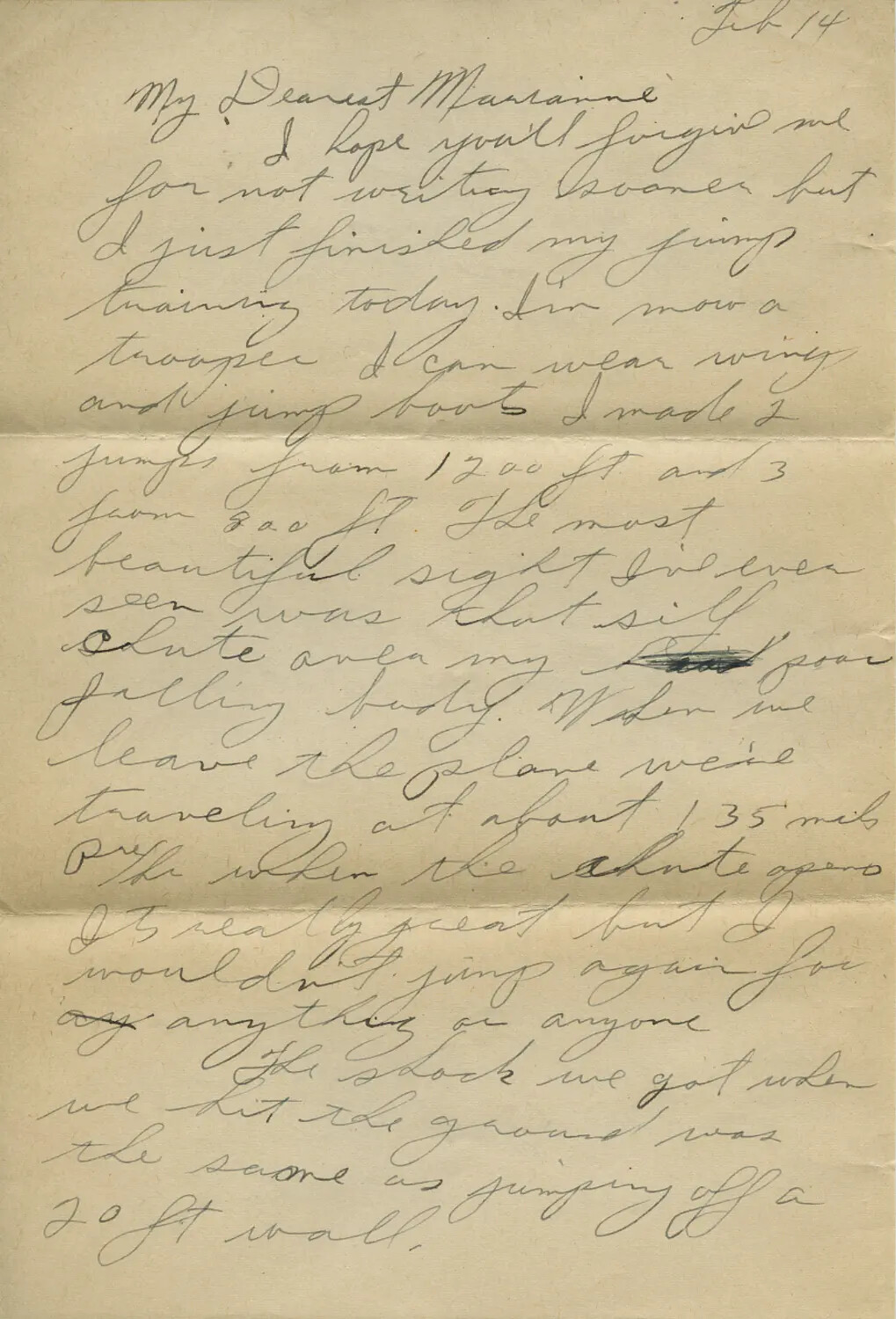 Handwritten Letter from a WWII Paratrooper Trainee to 'Marianne,' Describing First Parachute Jumps