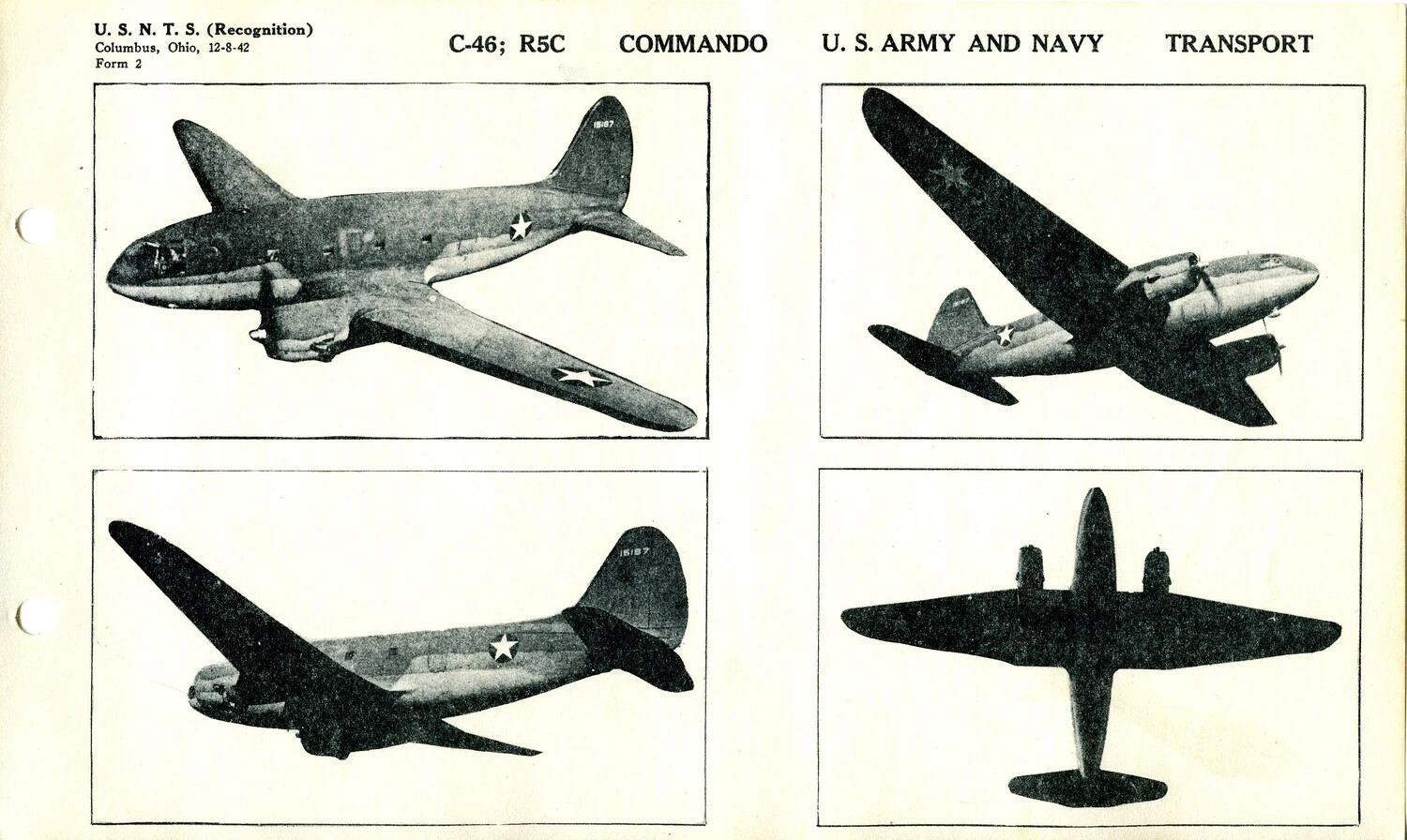 U.S.N.T.S. Aircraft Recognition Manual Page -- Curtiss C-46 / R5C 'Commando' Transport, Form 2, Columbus, Ohio, 8 December 1942