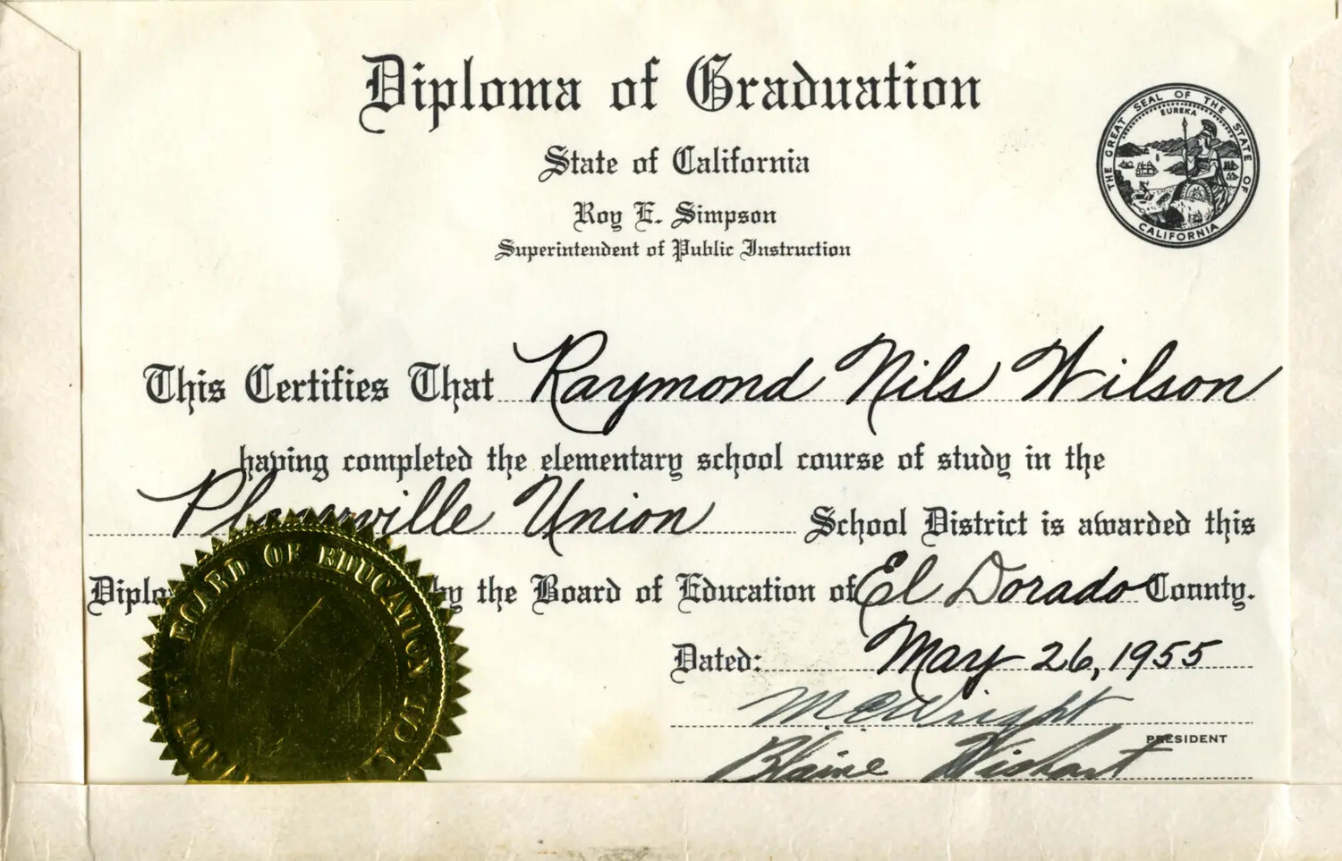 California Elementary School Diploma - Raymond Nils Wilson, 1955 (Misfiled in CBI Archive)