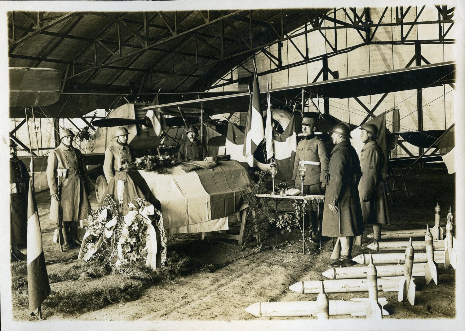 Funeral Ceremony for a Fallen French Aviator in an Aircraft Hangar, World War I