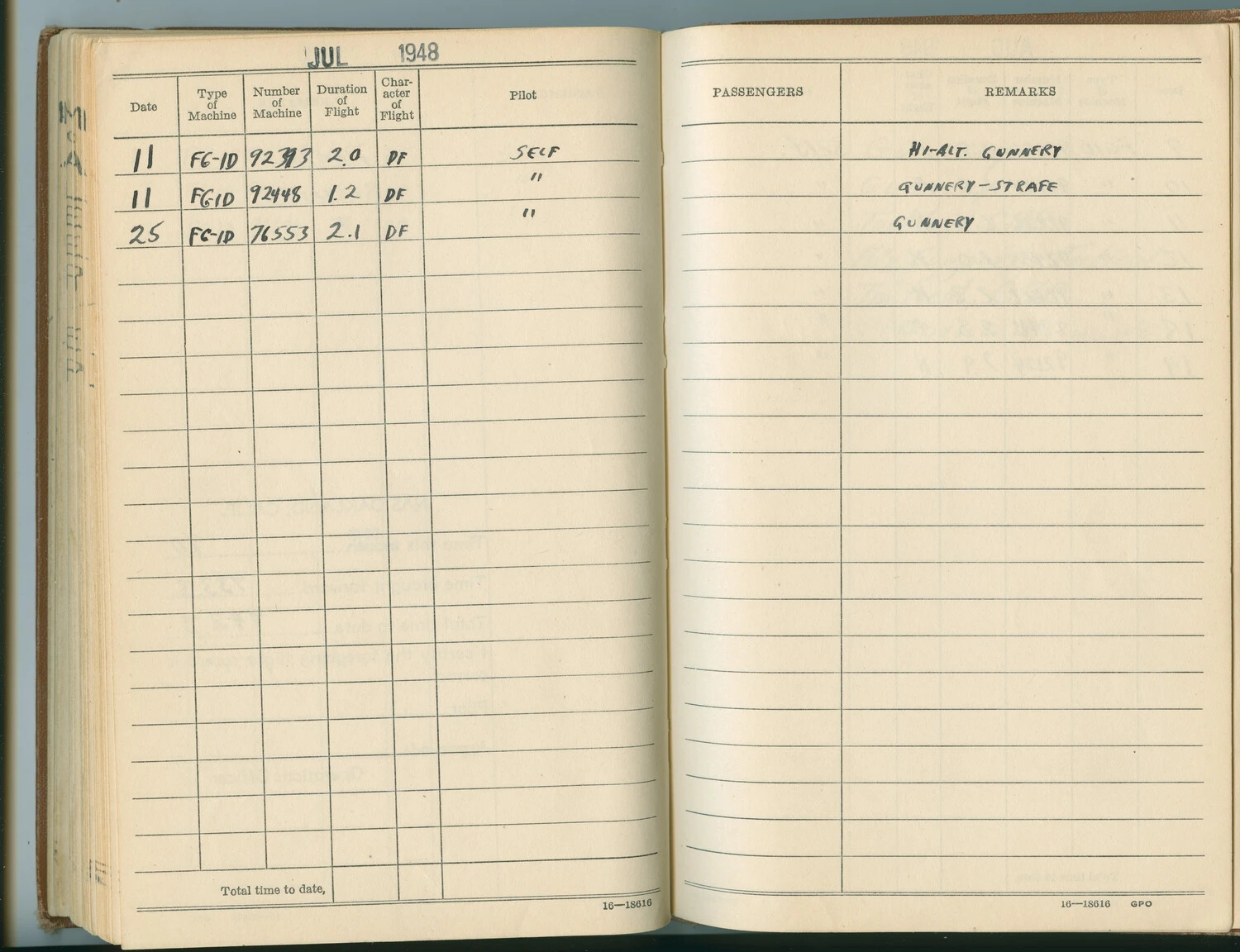 US Navy Aviator's Flight Log Book, FG-1D Corsair Gunnery Training Entries, July 1948 -- McAleer Collection