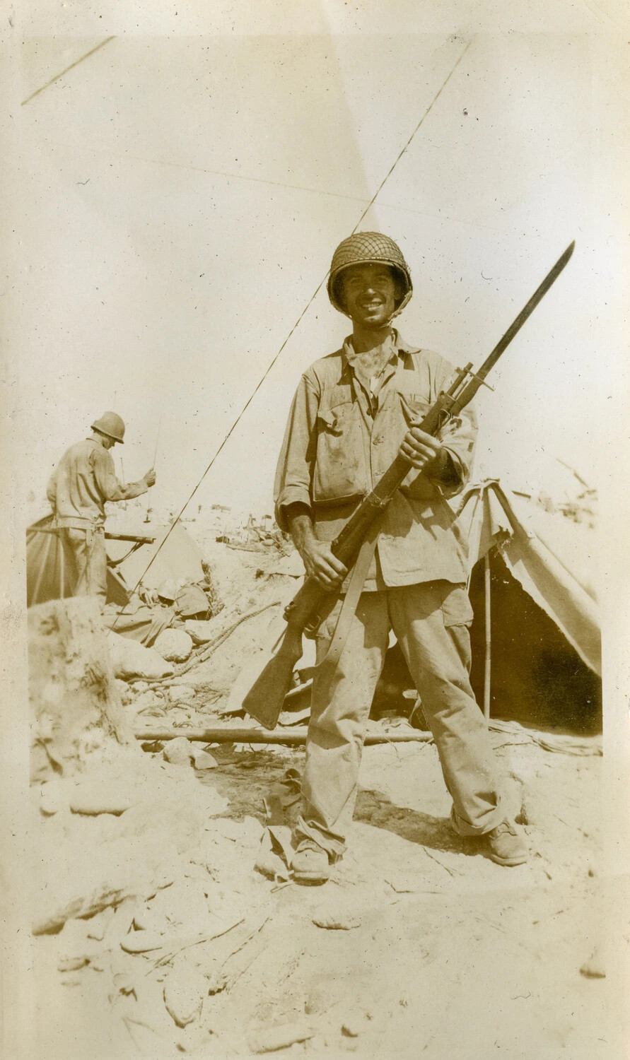 American Soldier with M1 Garand and Bayonet at Camp, Kwajalein, WWII