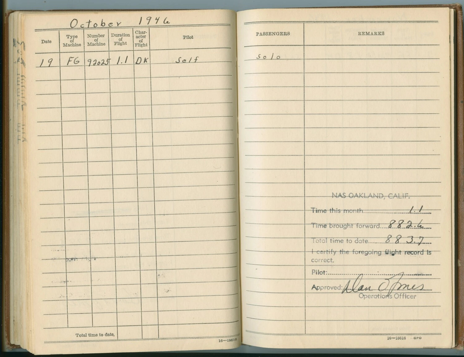 Pat McAleer Flight Logbook Entry, October 1946 — Goodyear FG Corsair, NAS Oakland